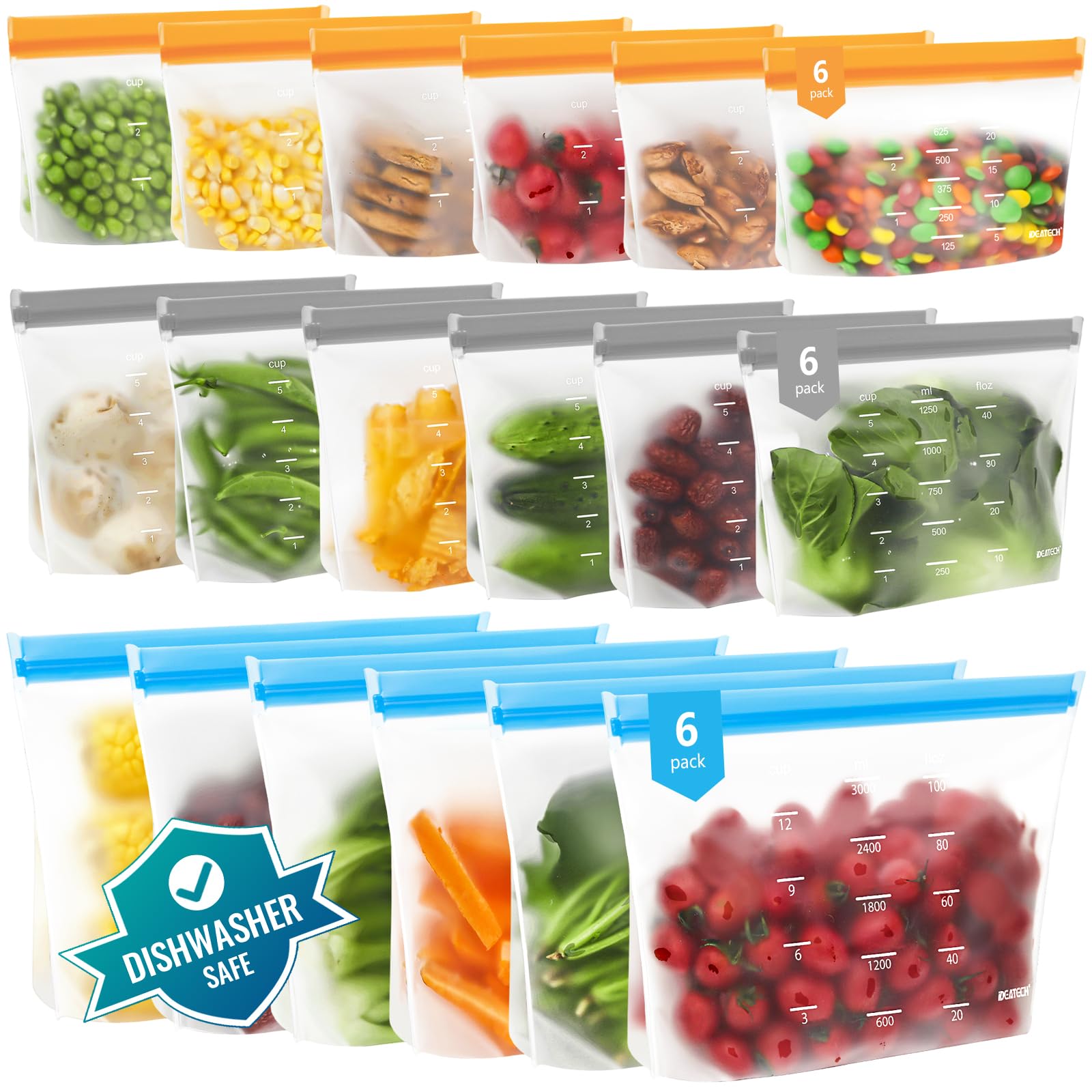 IDEATECH Reusable Bags Dishwasher Safe, BPA Free Reusable Gallon Freezer Bags, Stand Up Leakproof Food Storage Bags for Marinate Meats, Salad Fruit, Vegetables, Home Organization -Gray 6 Large Bags