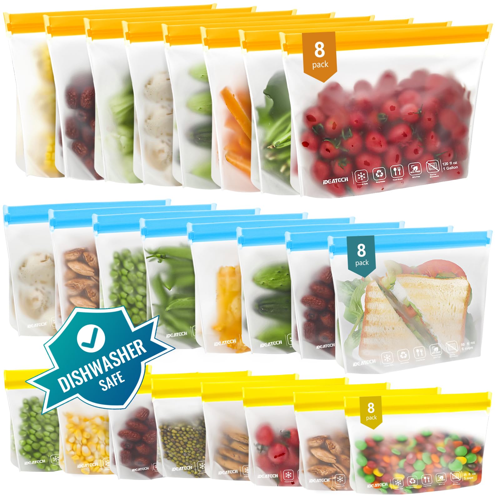 IDEATECH 20Pack Reusable Bags Dishwasher Safe, Leakproof Reusable Freezer Bags, BPA Free Healthy Food Storage Contaizers Sandwich Snack Baggies for Lunch Travel(8 Gallon 6 Quart 6 Snack,Colored)