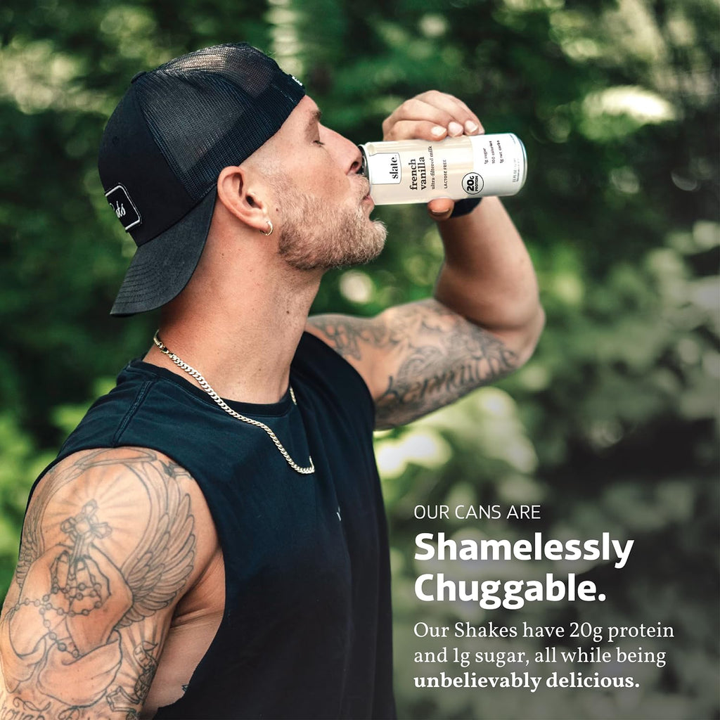Slate Milk High Protein Milk Shake (Classic Chocolate) 12 Cans, 11 fl oz | Lactose Free - 20g Protein - 1g Sugar - 100 Calories - 2g Net Carbs - No Added Sugar - Natural, Breakfast Boost, Post Workout