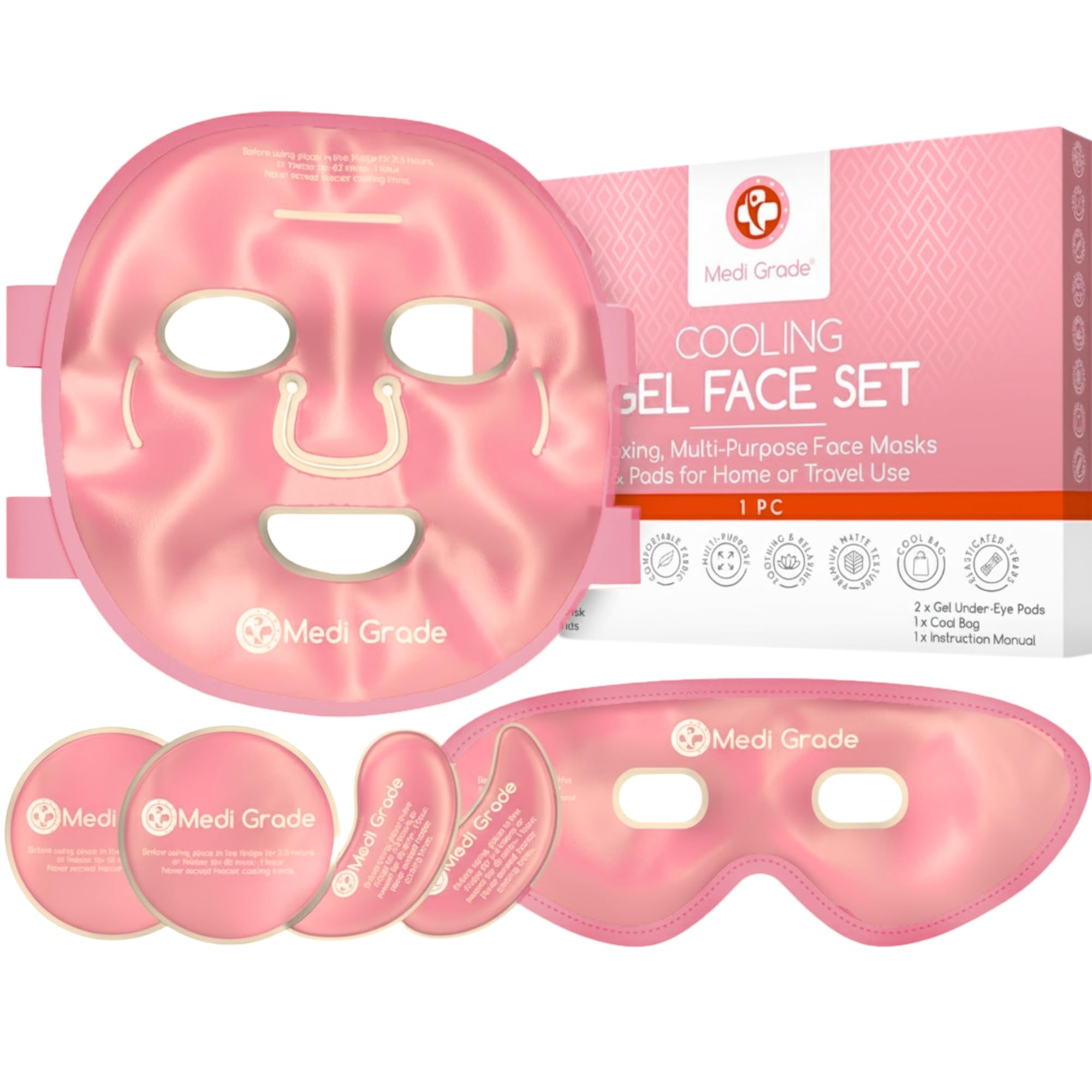 Medi Grade Cooling Ice Face Mask and Cooling Eye Mask for Puffy Eyes & Migraine Relief - Self Care Face Ice Pack with ChillGel Face Ice Mask Technology - Cooling Face Mask, Eye Pads and Bag