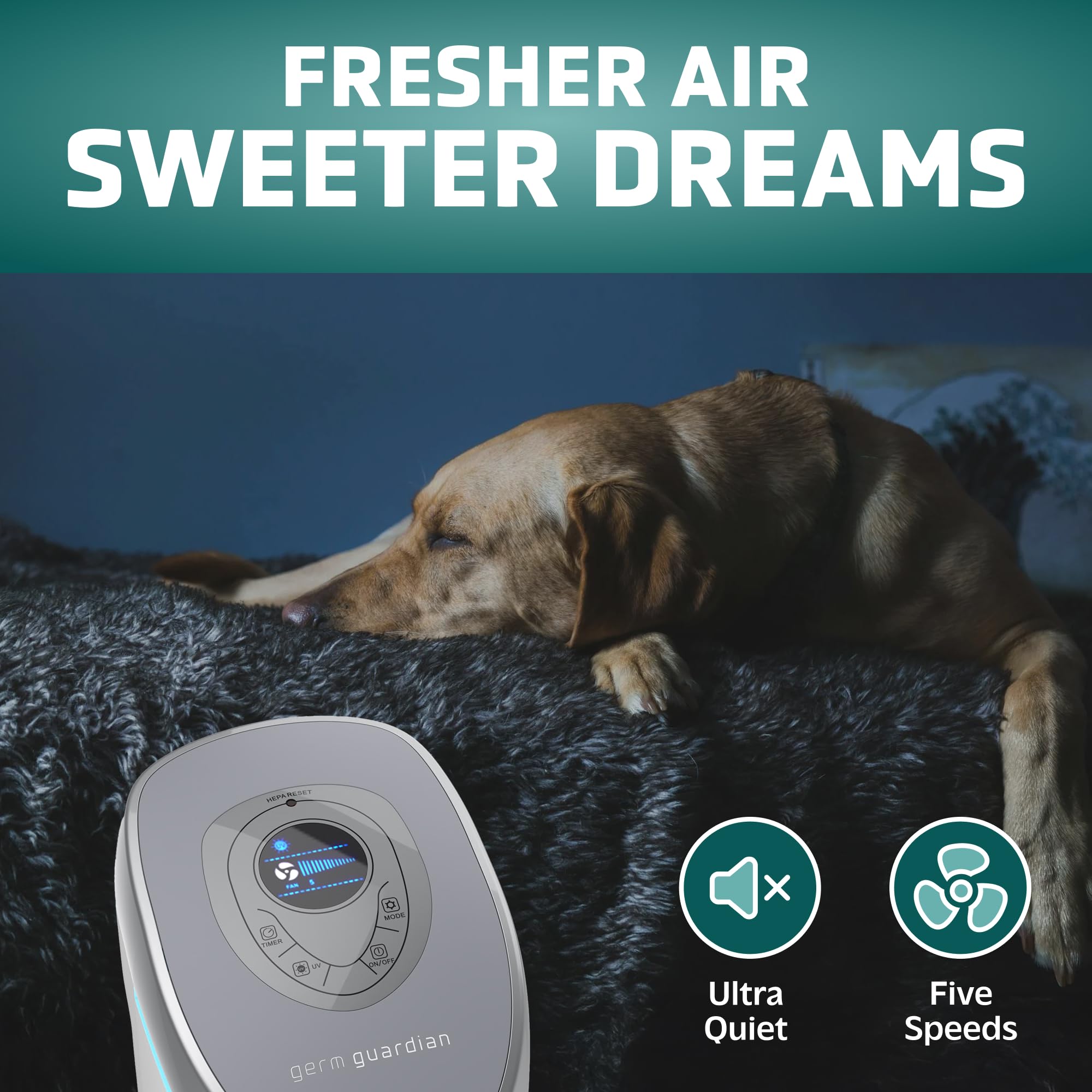GermGuardian 5-In-1 HEPA Air Purifier for Home, Large Rooms Up To 915 Sq. Ft. with HEPA Pet Air Filter, UV-C Light & Odor Reduction, AC5250PT, 28" Tower, Gray