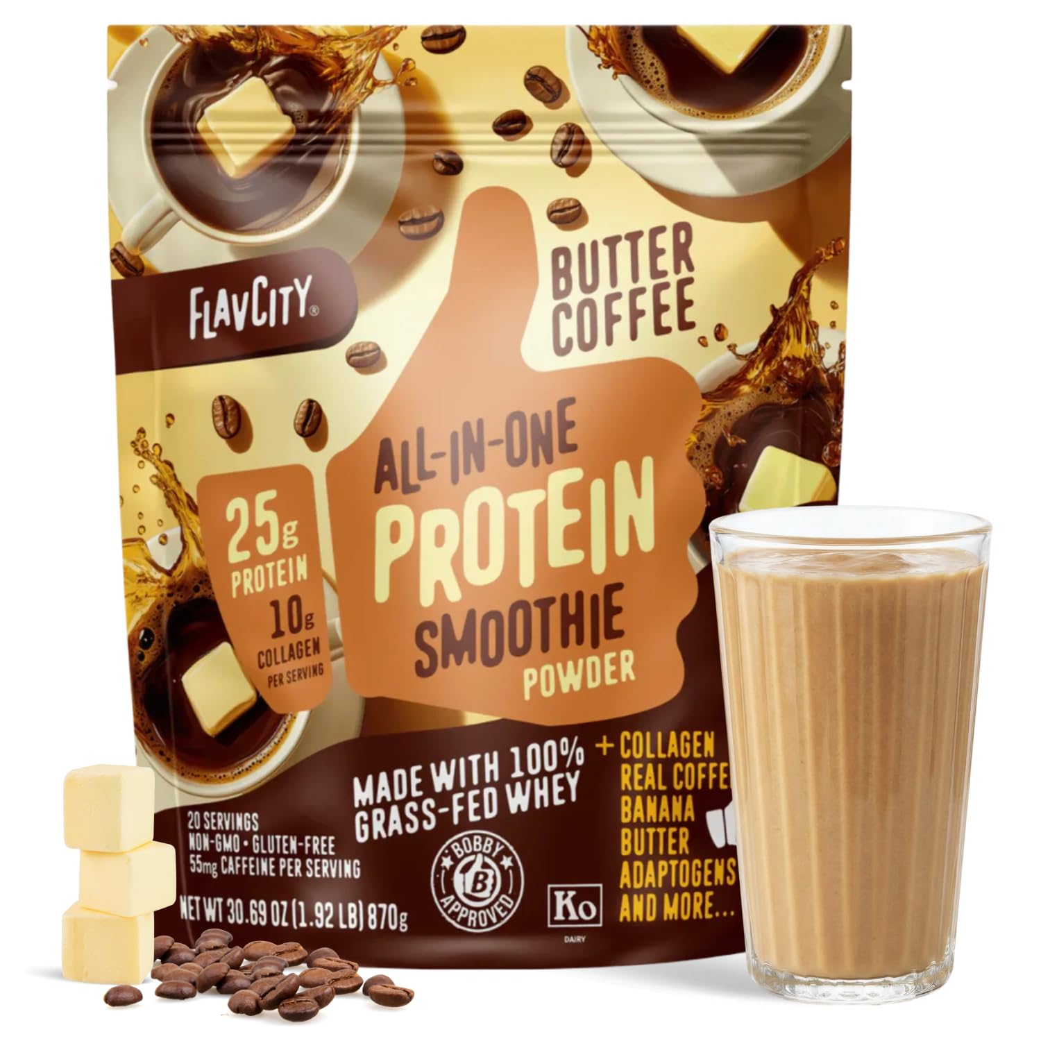 FlavCity All in One Protein Shake Powder, Pineapple Coconut - On the Go Meal Alternative + Collagen Peptides, Reishi & Cordyceps - Focus, Skin, Hair & Joint Support - 100% Grass Fed Whey, 20 Servings
