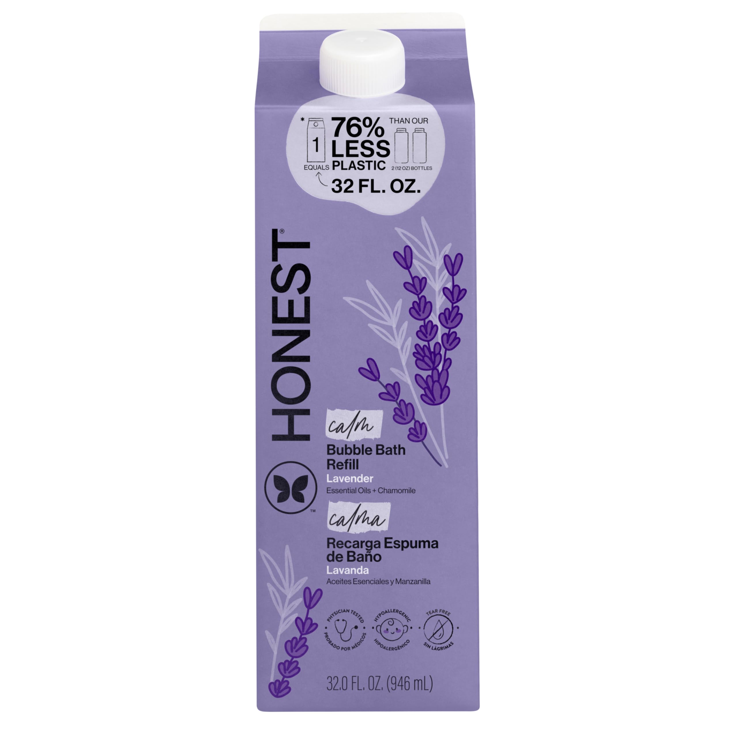The Honest Company Foaming Bubble Bath & Baby Wash, Tear-Free, Hypoallergenic, Natural Formula, Lavender Calm Scent, 12 fl oz