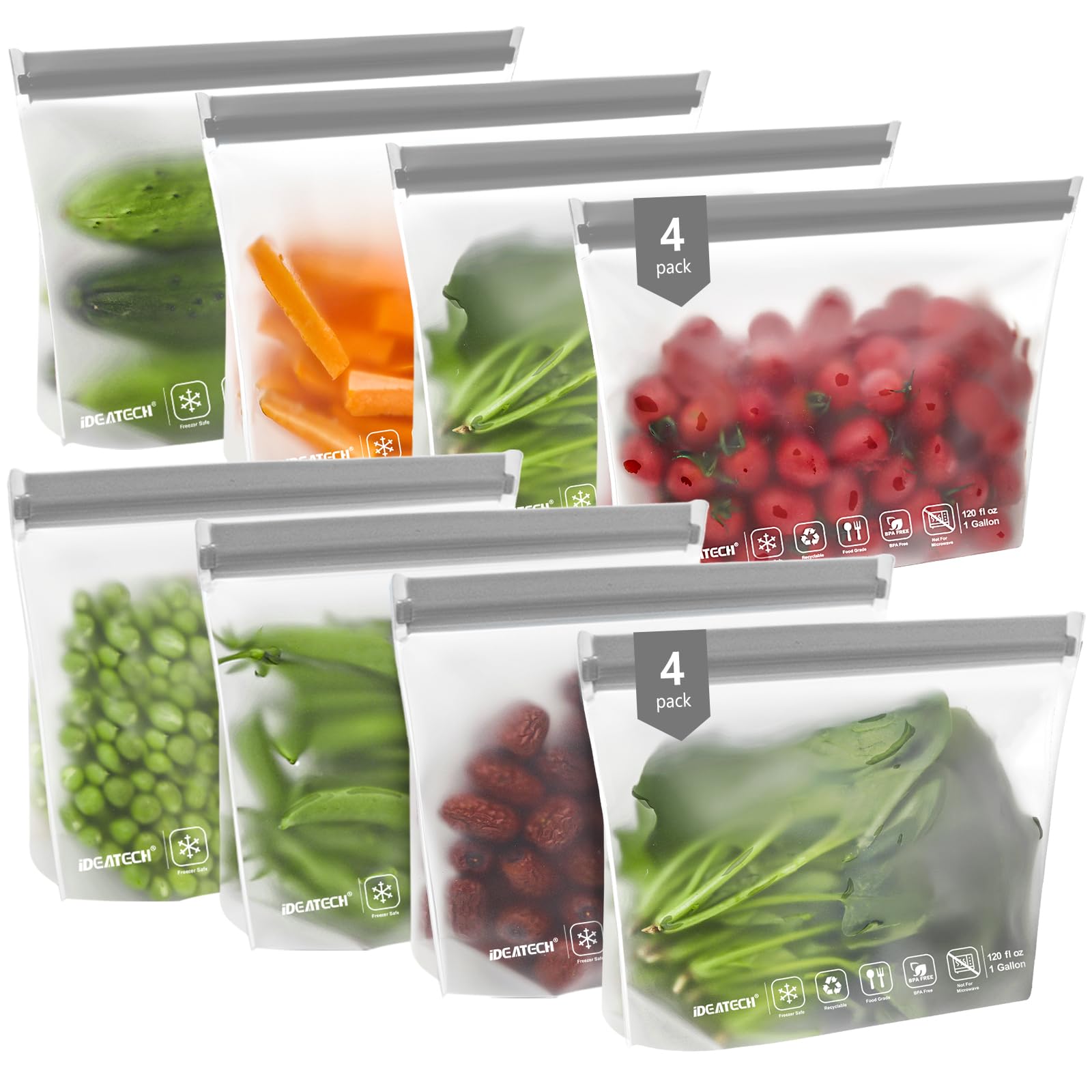IDEATECH 20Pack Reusable Bags Dishwasher Safe, Leakproof Reusable Freezer Bags, BPA Free Healthy Food Storage Contaizers Sandwich Snack Baggies for Lunch Travel(8 Gallon 6 Quart 6 Snack,Colored)