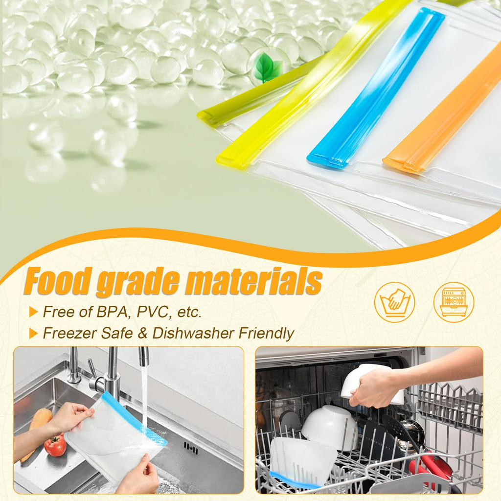 Reusable Silicone Food Storage Bags, 10 Pack 4 Size Leak proof Dishwasher Safe Reusable Freezer Bags for Food Storage Containers, Lunch Bag for Sandwich, Marinate Meat, Fruit