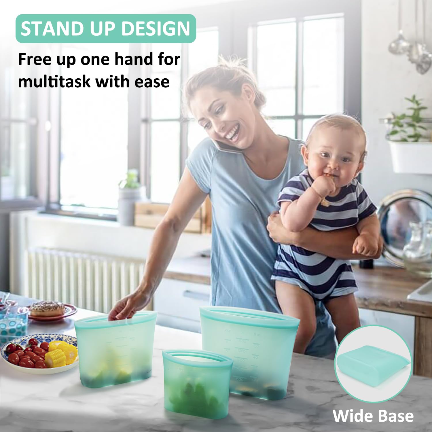 Reusable Food Bags, 12 Pack 100% Silicone Food Storage Bags Stand Up Zip Lock Container, Freezer Microwave Oven Dishwasher Safe, 4 Medium 4 Small 4 Extra Small, Aqua