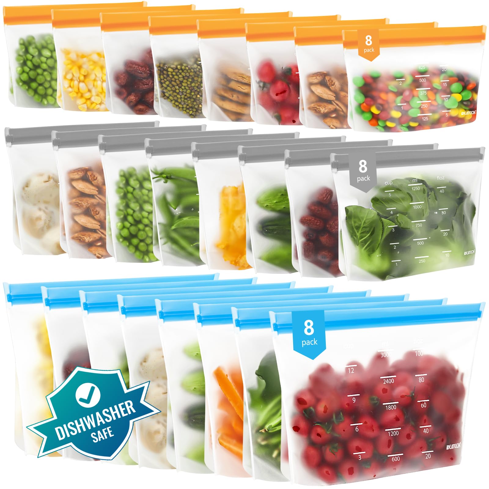 IDEATECH Reusable Bags Dishwasher Safe, BPA Free Reusable Gallon Freezer Bags, Stand Up Leakproof Food Storage Bags for Marinate Meats, Salad Fruit, Vegetables, Home Organization -Gray 6 Large Bags