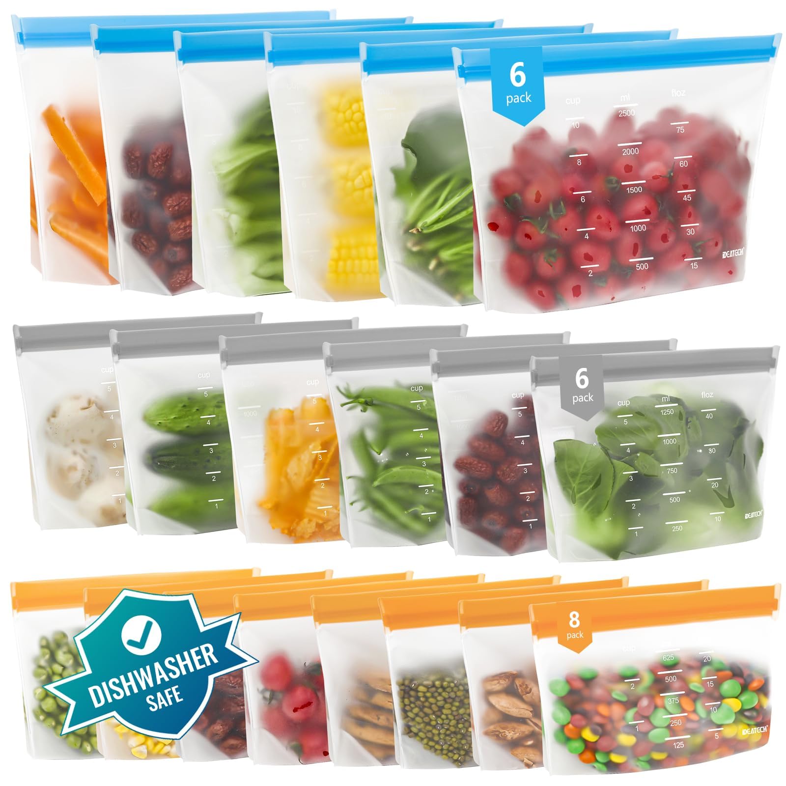 IDEATECH Reusable Bags Dishwasher Safe, BPA Free Reusable Gallon Freezer Bags, Stand Up Leakproof Food Storage Bags for Marinate Meats, Salad Fruit, Vegetables, Home Organization -Gray 6 Large Bags