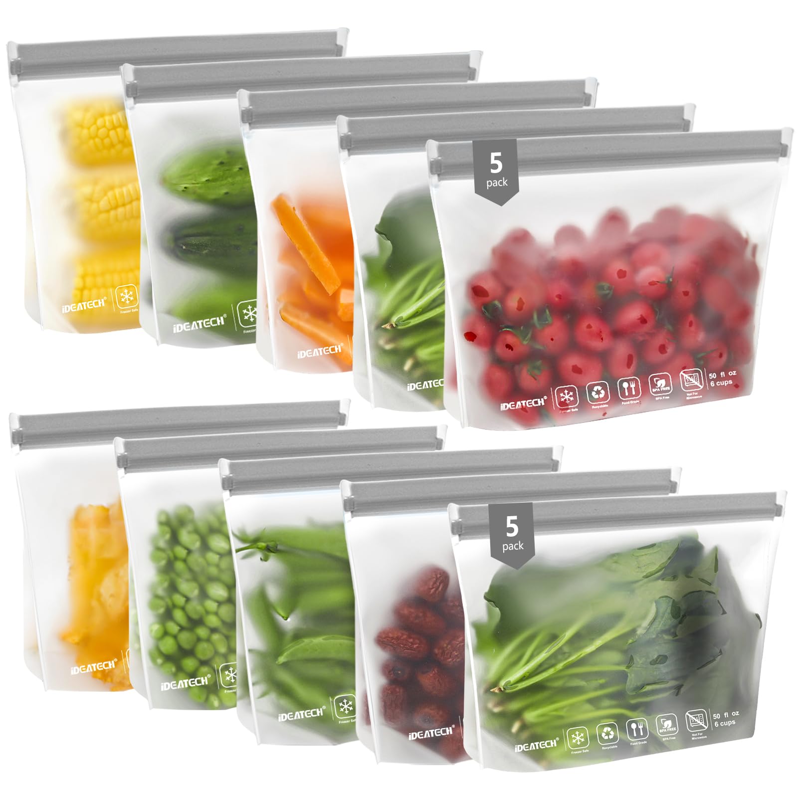 IDEATECH 20Pack Reusable Bags Dishwasher Safe, Leakproof Reusable Freezer Bags, BPA Free Healthy Food Storage Contaizers Sandwich Snack Baggies for Lunch Travel(8 Gallon 6 Quart 6 Snack,Colored)