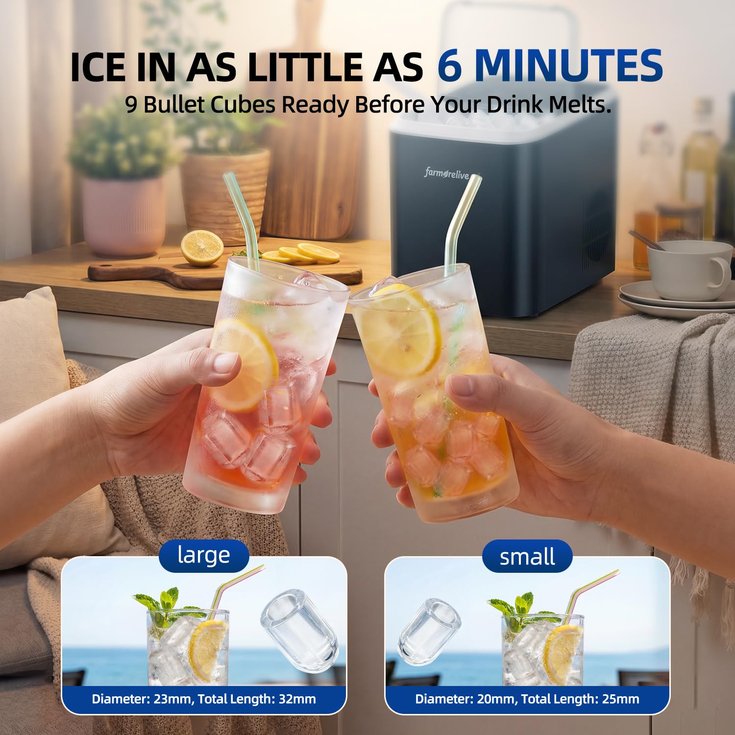 Portable Ice Maker Countertop - 26Lbs/24H Bullet Ice Machine with Self-Cleaning, Stainless, Makes 9 Ice Cubes in 6-8 Mins, 2 Sizes of Ice for RV Kitchen Home Party Camping, 1.5L Water Tank