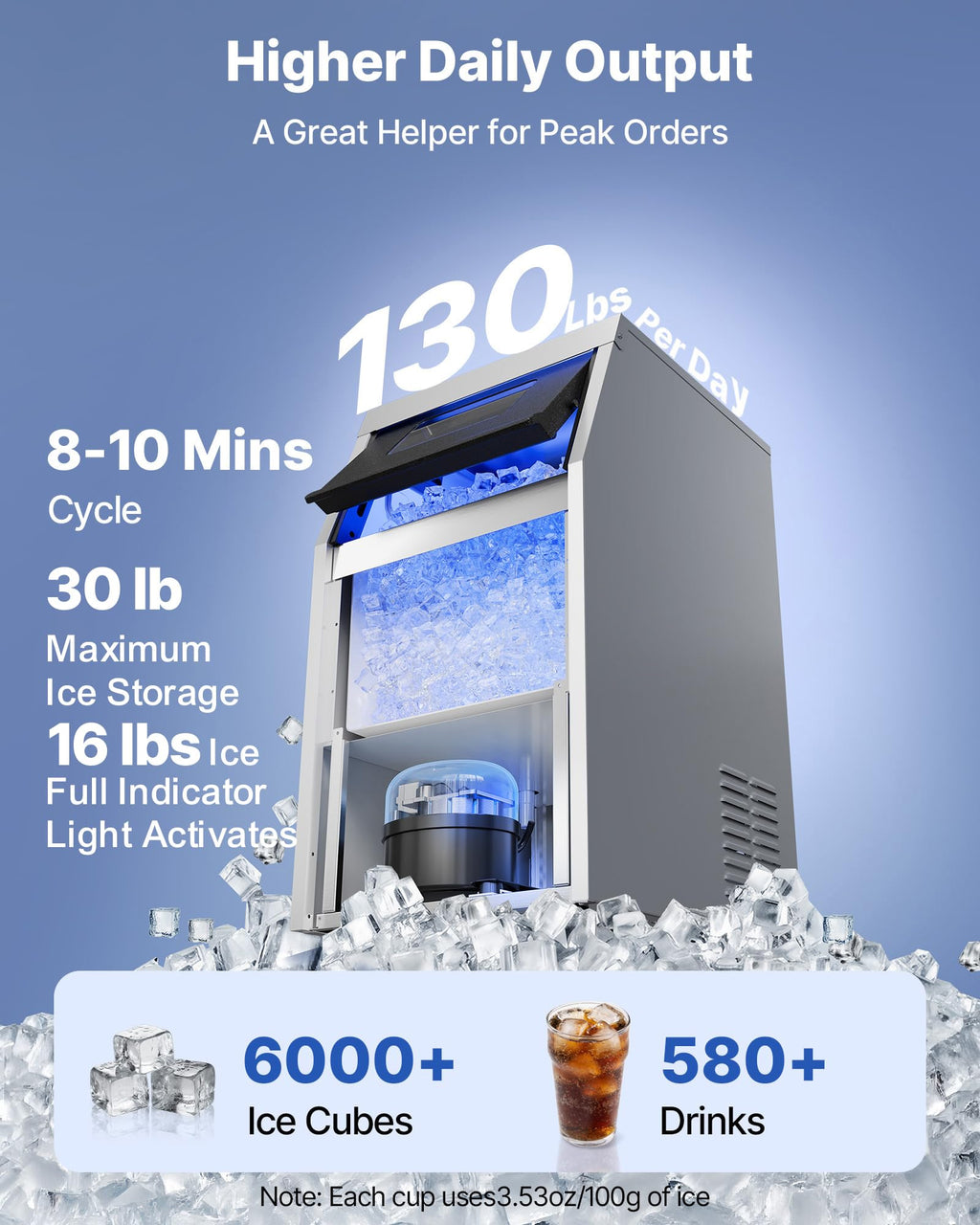 VEVOR Commercial Ice Maker Machine, 80 lbs/24h with 13 lbs Storage Capacity, Countertop/Freestanding/Under Counter, Stainless Steel Ice Maker with LED Display & Self-Cleaning, for Home Bar Restaurant