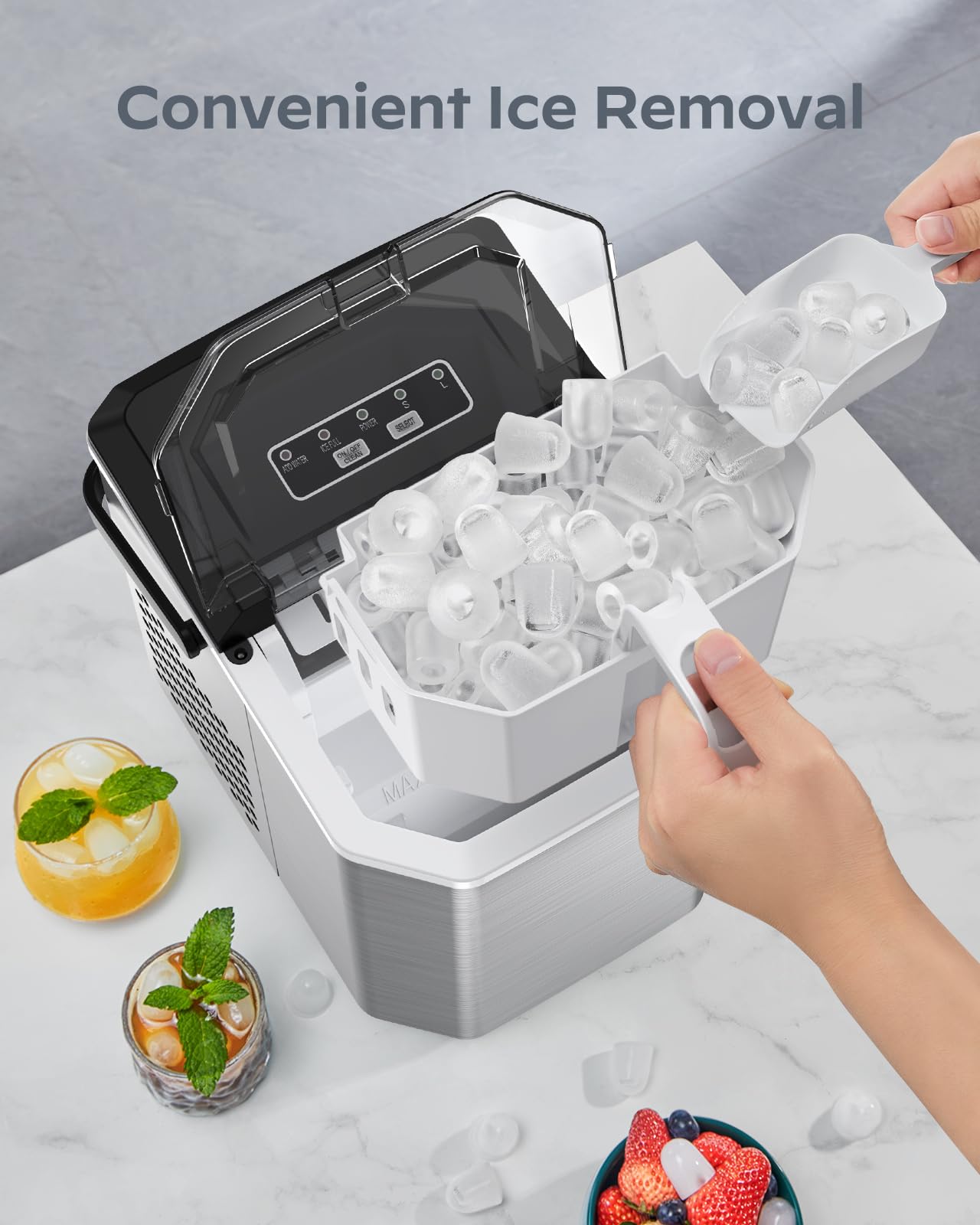Ice Maker Countertop, Portable Ice Machine Ready in 6 Minutes with 9 Cubes 26LBS in 24H, Self-Cleaning with Ice Scoop and Basket, Two Sizes of Bullet Ice for Home Kitchen Office, Bar and Parties