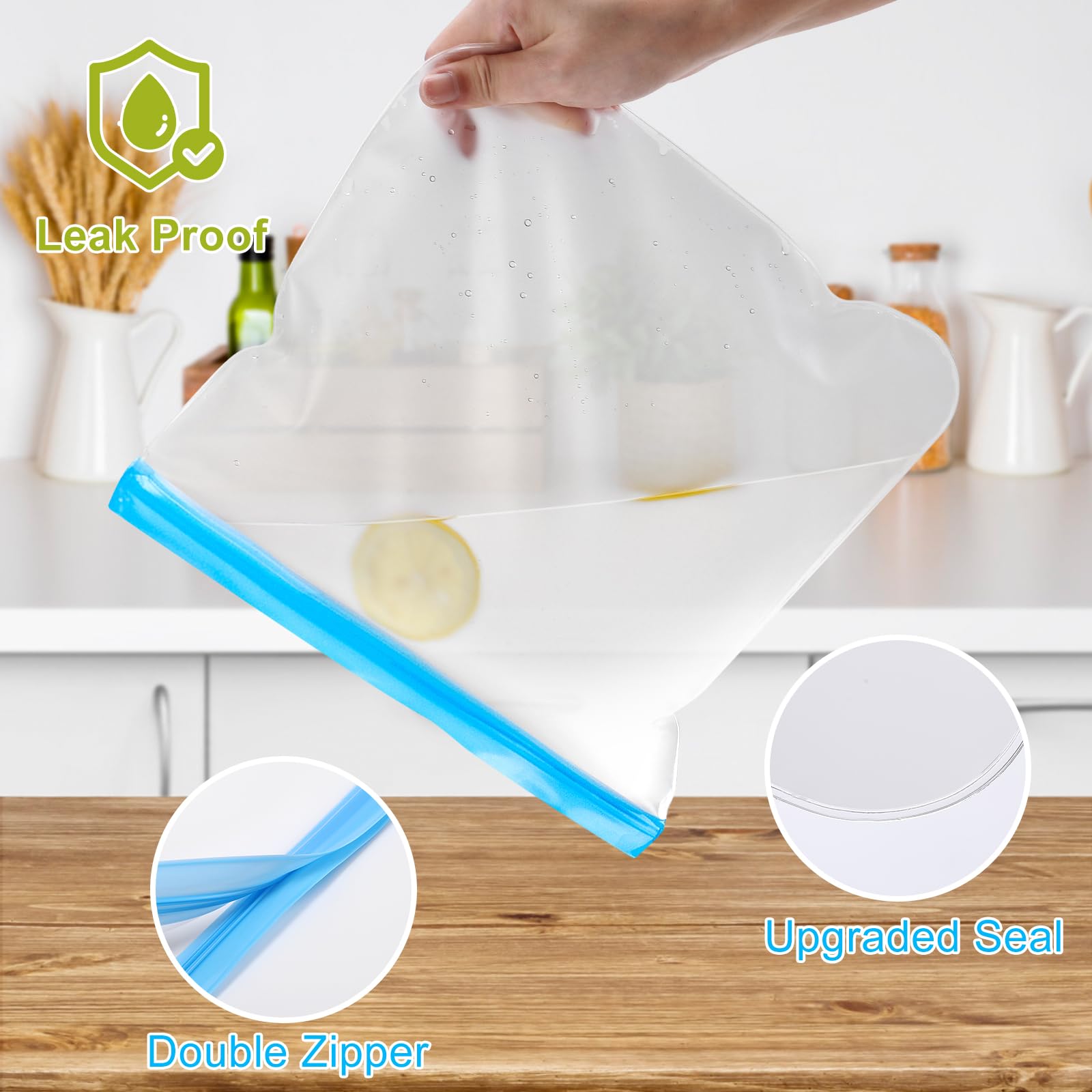 Lerine 10 Pack Dishwasher Safe Reusable Bags, Leakproof Reusable Freezer Bags, BPA Free Food Storage Bags for Marinate Food Travel - 3 Gallon 4 Sandwich 3 Snack