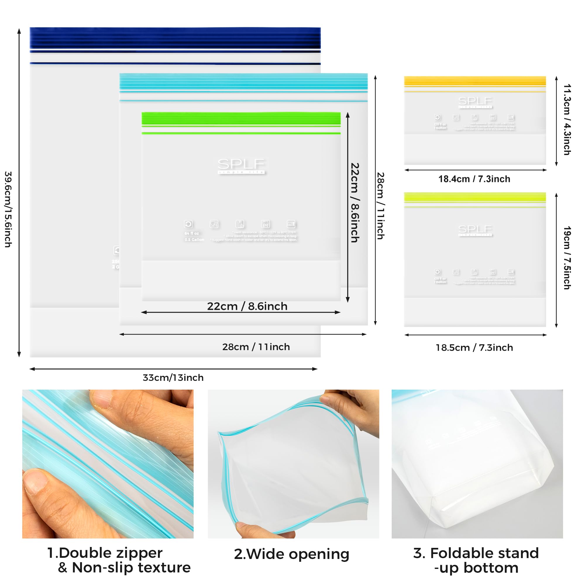 SPLF 12 Pack Reusable Gallon Freezer Bags Dishwasher Microwave Safe, 1 Gallon BPA Free Leakproof Food Storage Bags, Silicone Free Containers for Meal Prep, Fridge Kitchen Organization