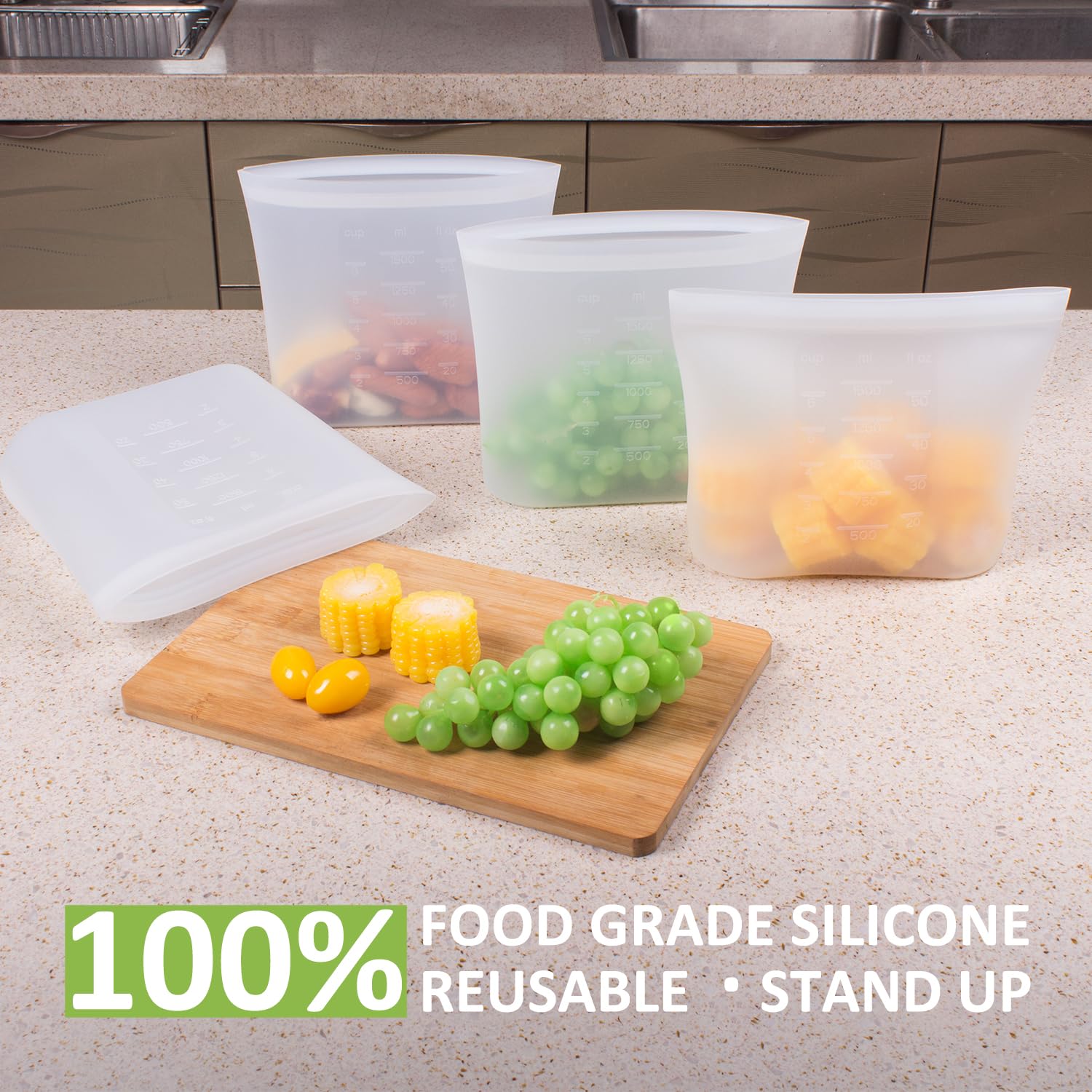 Reusable Food Bags, 12 Pack 100% Silicone Food Storage Bags Stand Up Zip Lock Container, Freezer Microwave Oven Dishwasher Safe, 4 Medium 4 Small 4 Extra Small, Aqua