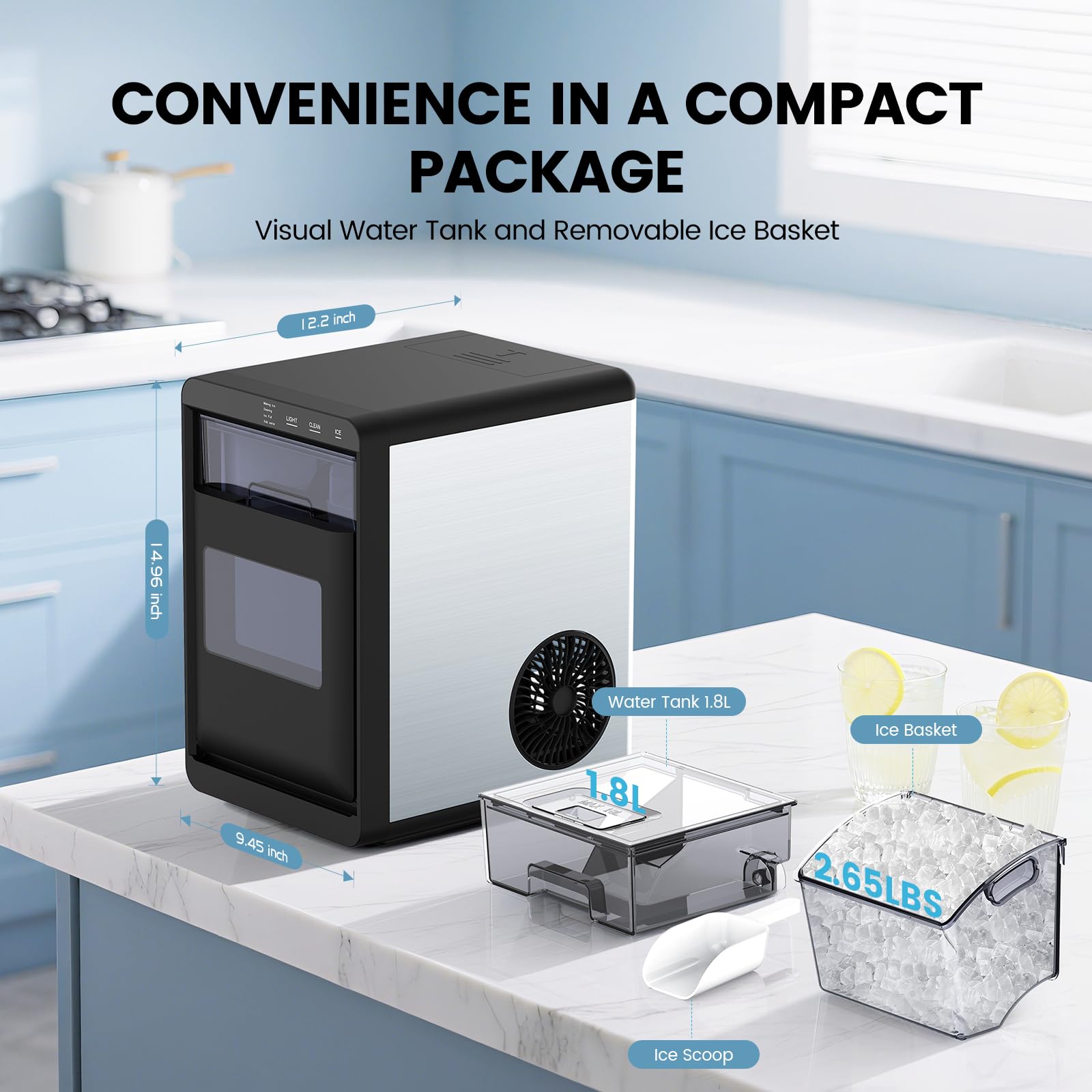 COWSAR Ice Maker Countertop, Portable Ice Machine with Self-Cleaning, 26.5 lbs/24Hrs, 8 Ice Cubes in 6 Mins, Ice Basket and Scoop, Ideal for Home, Kitchen, Bar, Camping