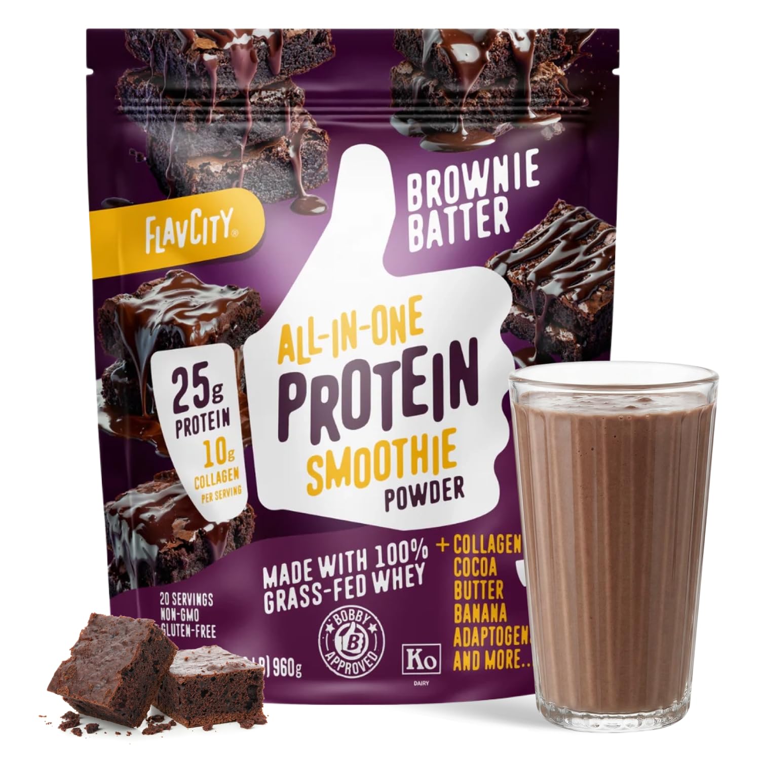 FlavCity All in One Protein Shake Powder, Pineapple Coconut - On the Go Meal Alternative + Collagen Peptides, Reishi & Cordyceps - Focus, Skin, Hair & Joint Support - 100% Grass Fed Whey, 20 Servings