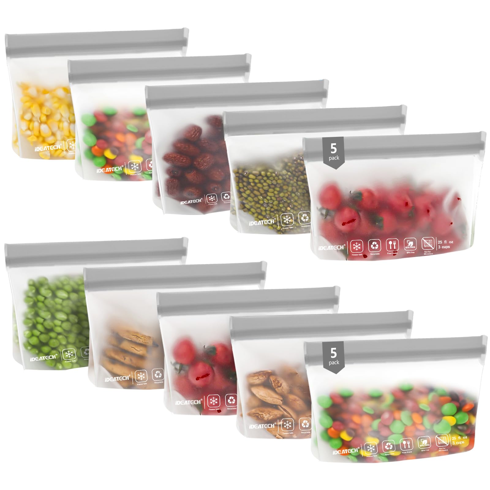 IDEATECH 20Pack Reusable Bags Dishwasher Safe, Leakproof Reusable Freezer Bags, BPA Free Healthy Food Storage Contaizers Sandwich Snack Baggies for Lunch Travel(8 Gallon 6 Quart 6 Snack,Colored)