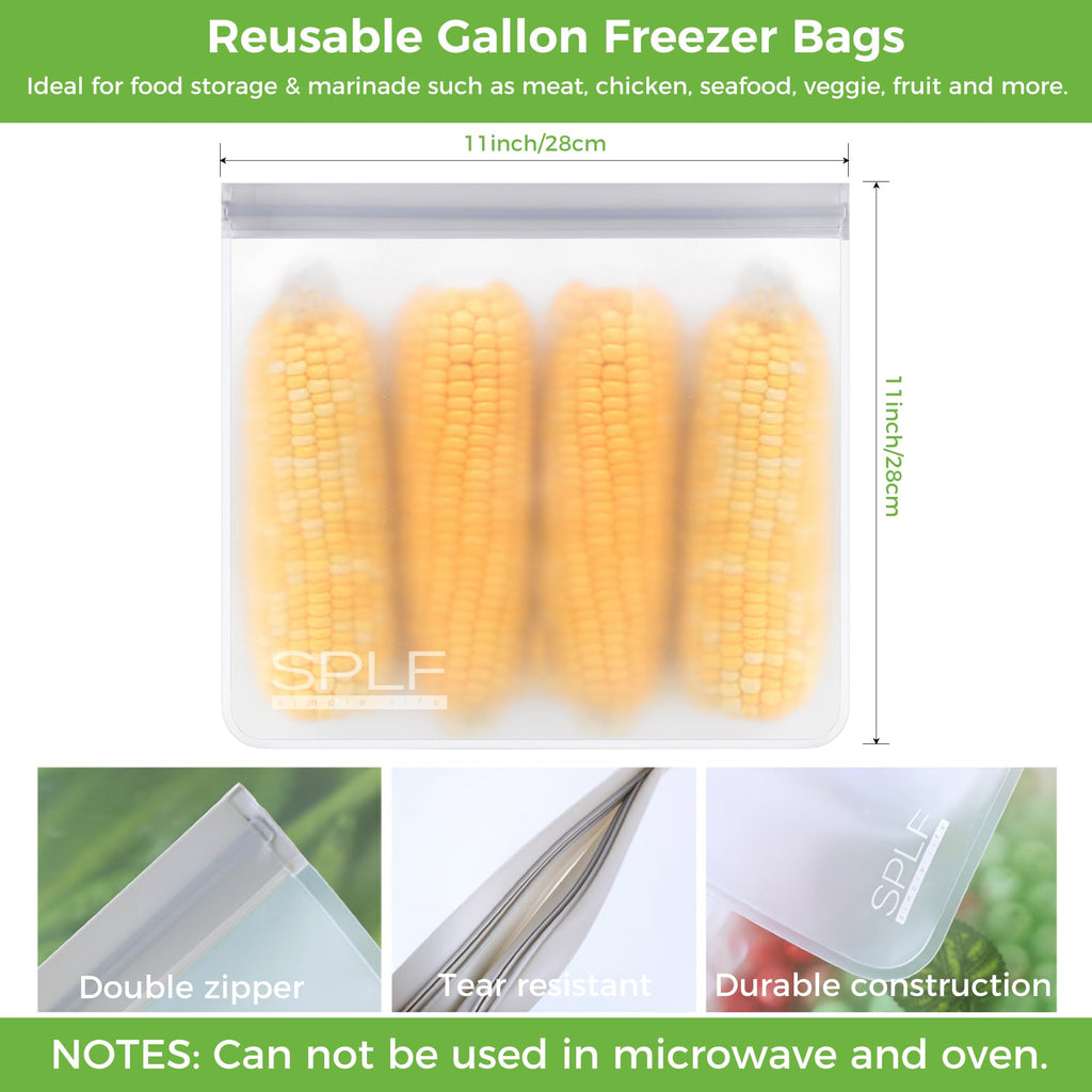 SPLF 6 Pack Reusable Gallon Freezer Bags Dishwasher Safe, BPA FREE Reusable Food Storage Bags, Extra Thick Leakproof Silicone Free 1 Gallon Bags for Marinate Meat, Cereal, Sandwich, Snack, Travel Item