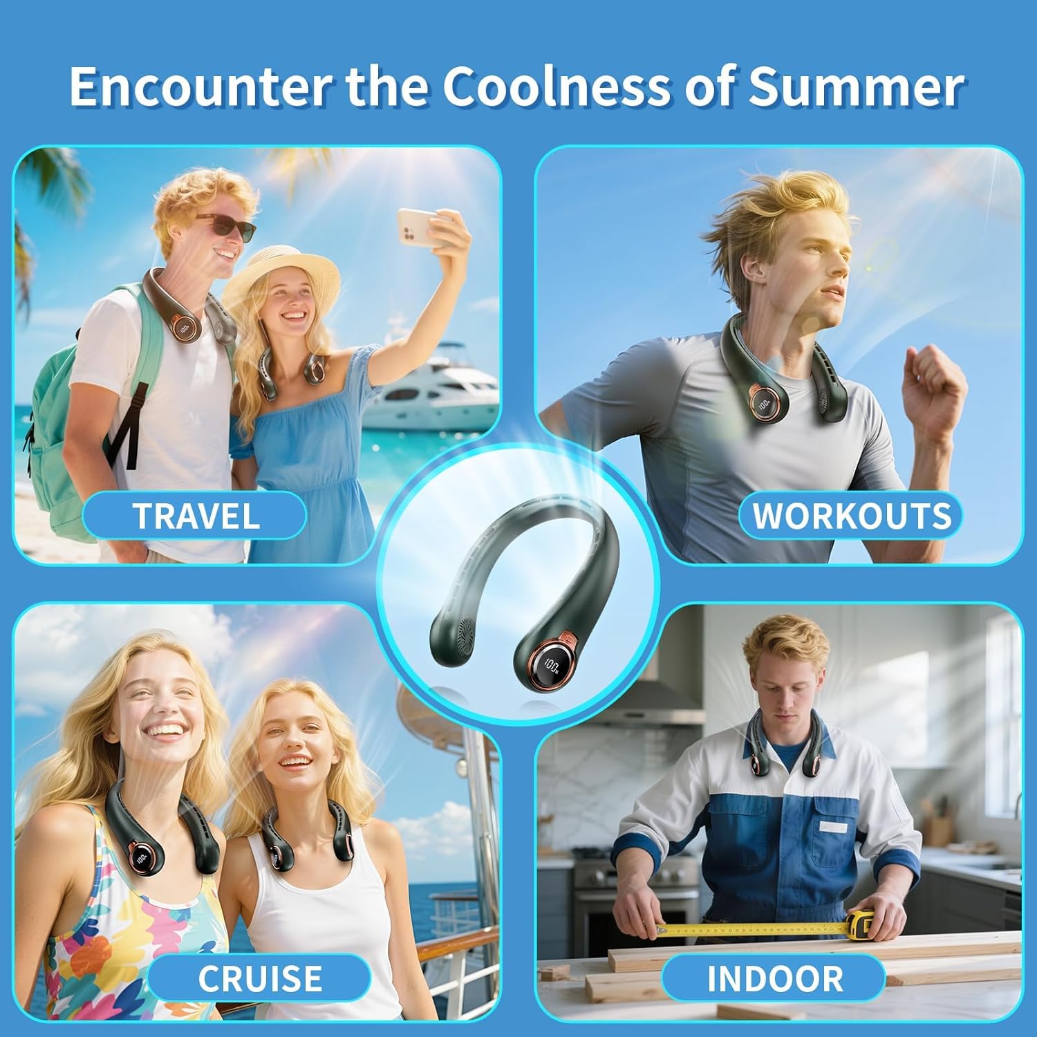 Portable Neck Fan with 6000mAh USB - Rechargeable Battery, Ultra-Light Bladeless Neck Fan LED Display, 360° Cooling Wearable Fan, 3 Speeds-Black