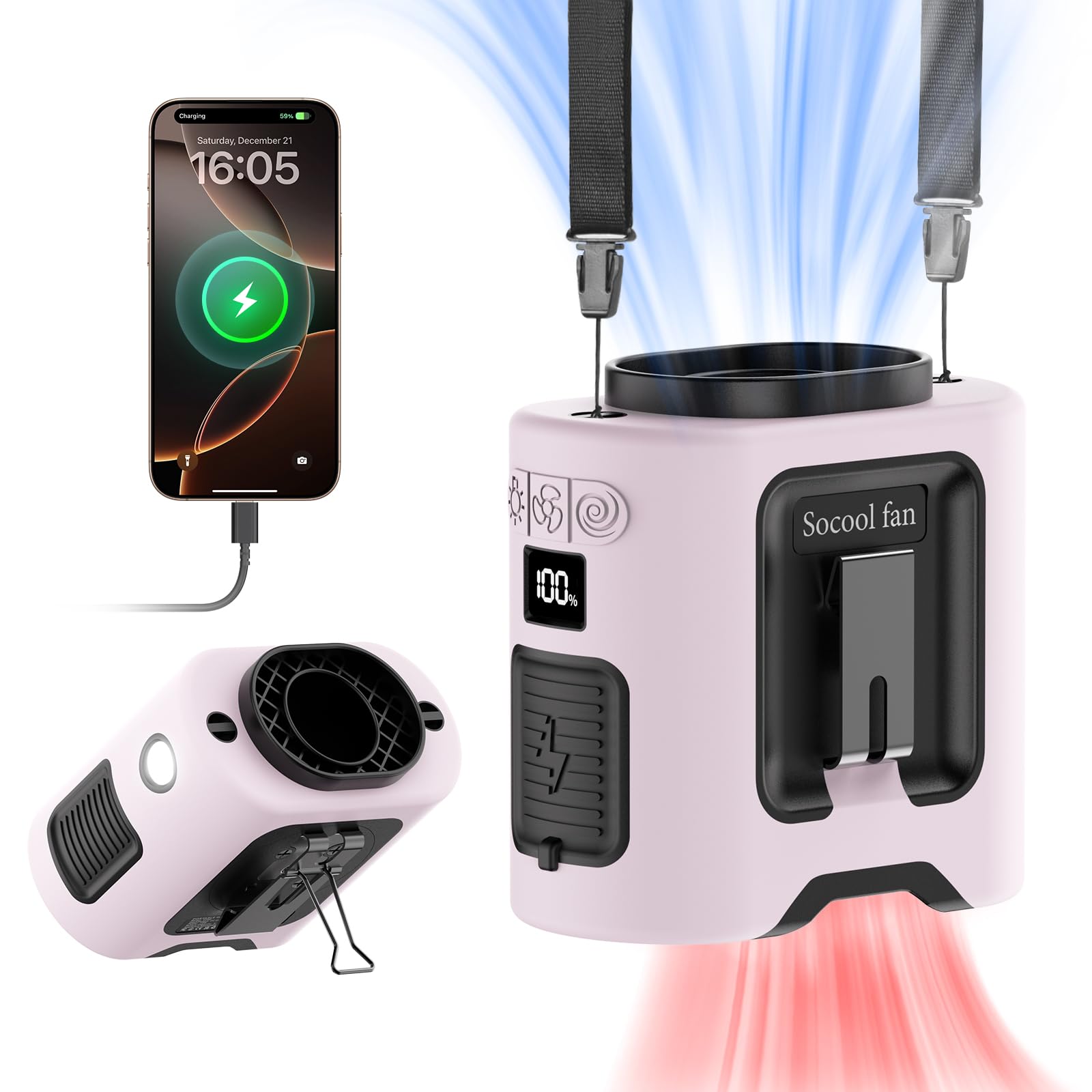 Socool 10000mAh Portable Waist Fan Clip on Wearable Belt Personal Fan Rechargeable Battery operated With 5 Speeds & Flashlight Neck Hands-Free 40H Cooling For Outdoor Camping Travel (Black)