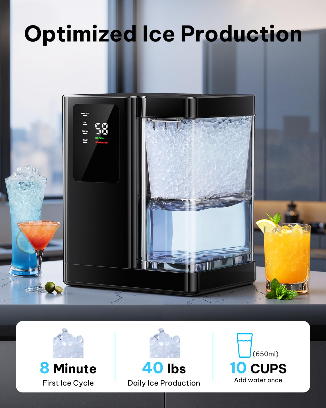 Silonn Nugget Ice Maker Countertop, Auto Drop Ice, Self Cleaning Ice Machine, 40 lbs/24H Soft Chewable Ice, Self Dispensing Nugget Ice Maker for Home, Kitchen and Party