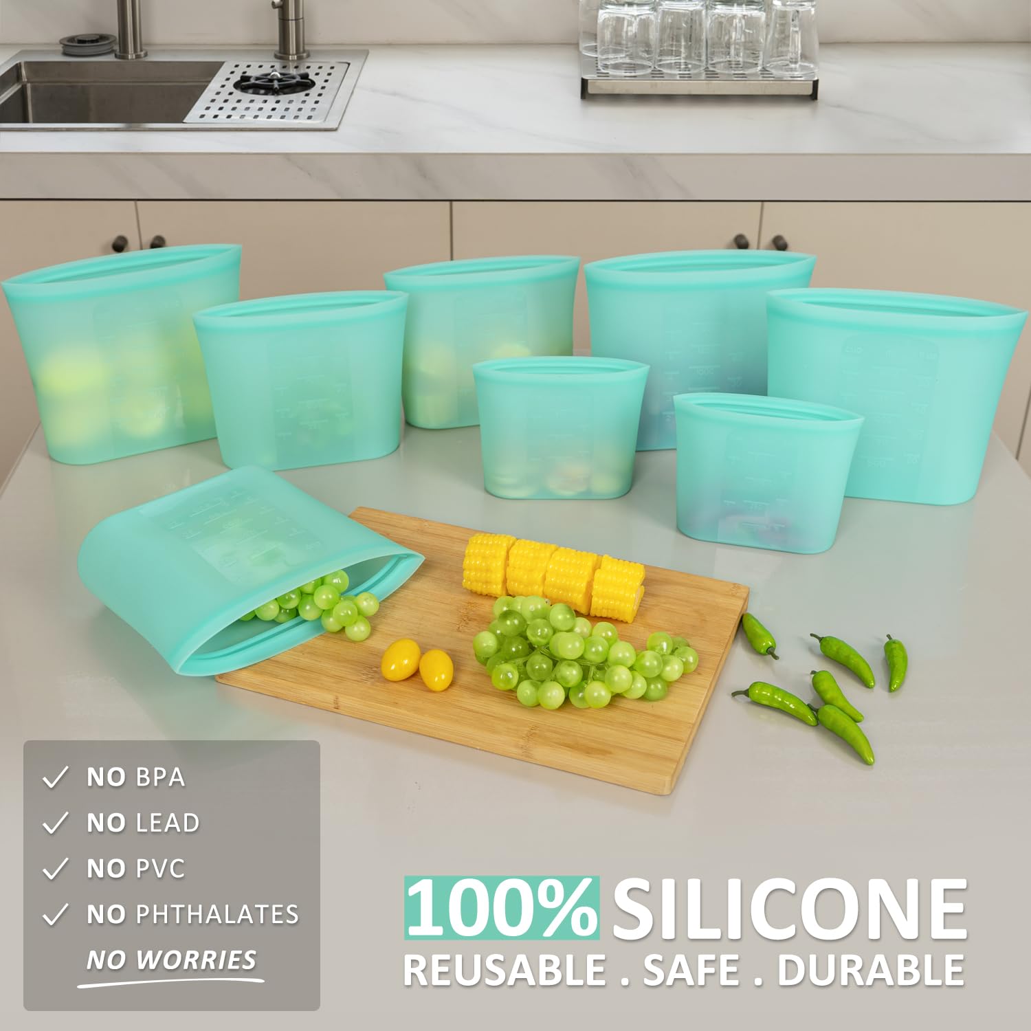 Reusable Food Bags, 12 Pack 100% Silicone Food Storage Bags Stand Up Zip Lock Container, Freezer Microwave Oven Dishwasher Safe, 4 Medium 4 Small 4 Extra Small, Aqua