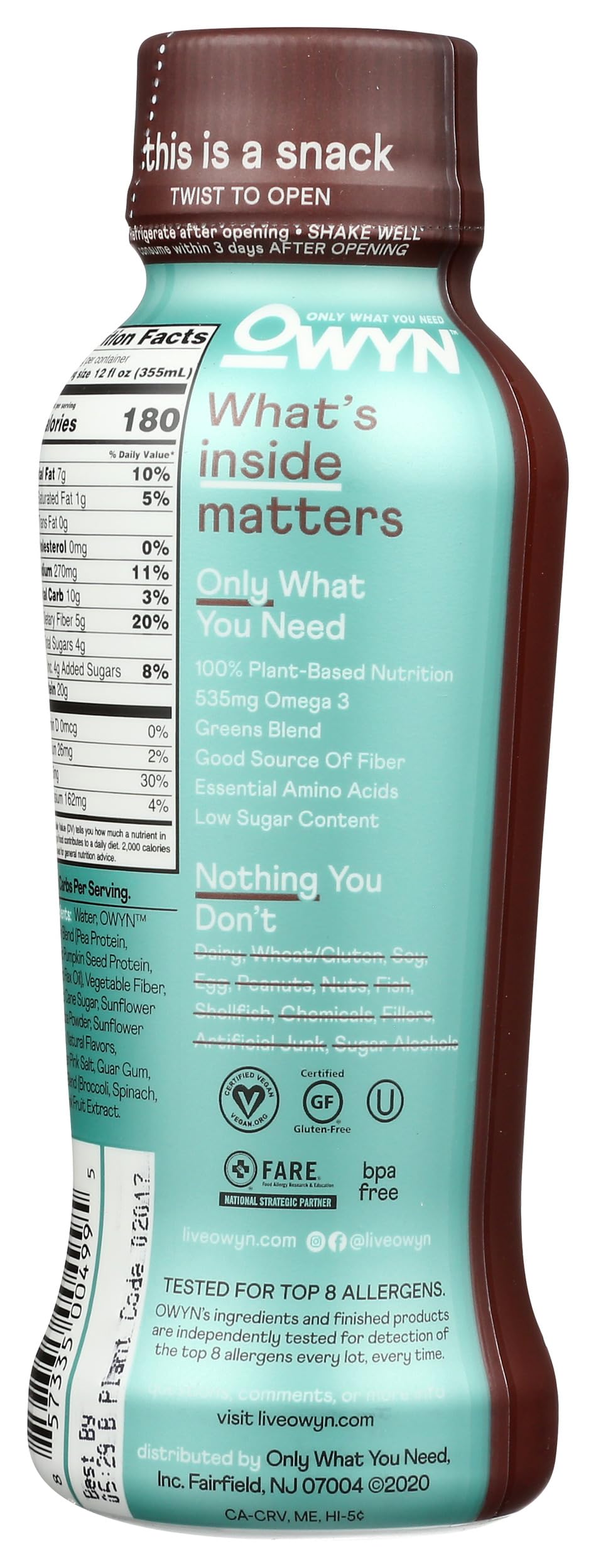 Owyn, Dark Chocolate Plant Based Protein Shake, 12 Fl Oz