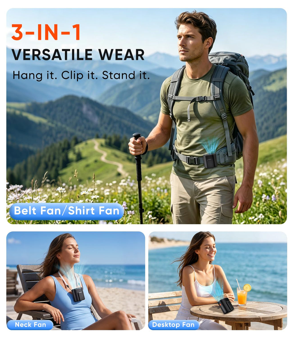 AI Portable Waist Fan, 6-Speed 15,000RPM Strong Turbo Airflow, 30H Cooling Battery Powered Personal Fan Rechargeable, Wearable Hands-Free Shirt/Belt/Body Fan for Travel, Work, Outdoor, Gift for Men