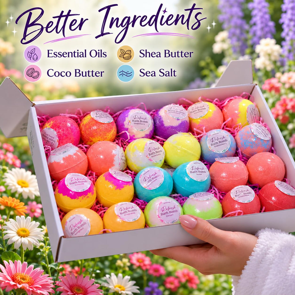 EvolutionUSA Refresh Bath Bombs for Women & Kids – 24 Bath Bombs Mini Sized, Organic Bathbomb Set, Women & Kids Bath Fizz, Luxury Gift for Mother’s Day, Easter, Valentines, Birthday or Self Care