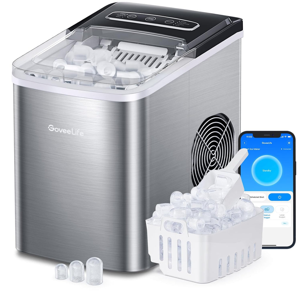 GoveeLife Smart Countertop Ice Makers, Portable Ice Maker Machine with Self-Cleaning, 6 Mins 9 Bullet Ice, 26lbs/24Hrs, Voice Remote for Home Kitchen Party Camping, with Ice Scoop Stainless Silver | Ice Maker with 26lbs/Day, App and Voice Control, Self-Cl