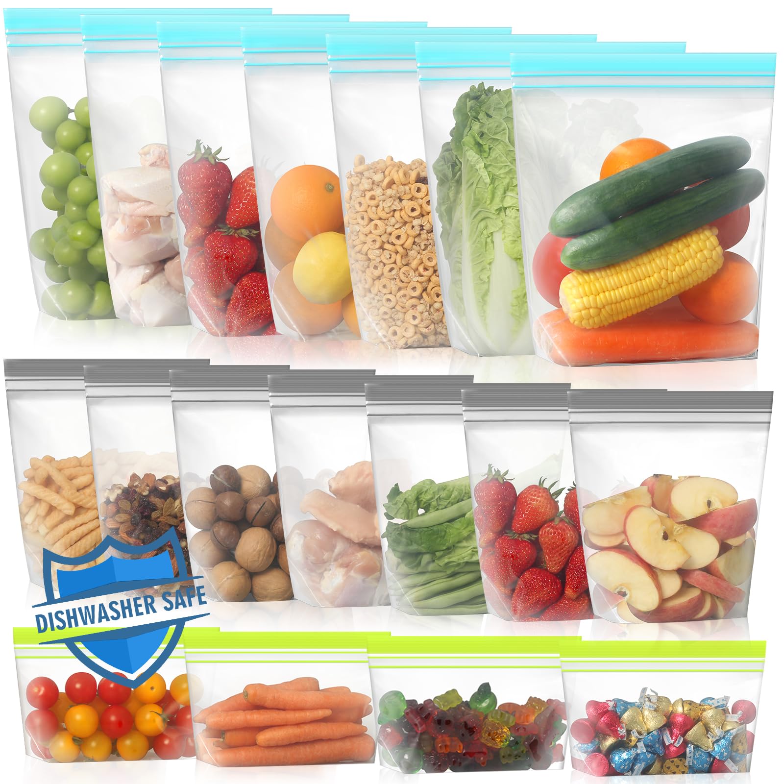Lerine 12 Pack Reusable Gallon Freezer Bags Dishwasher Microwave Safe, Stand Up Reusable Freezer Bags 1 Gallon BPA Free, Leakproof Food Storage Bags for Kitchen Organization (Blue Gray, 12Gallon)