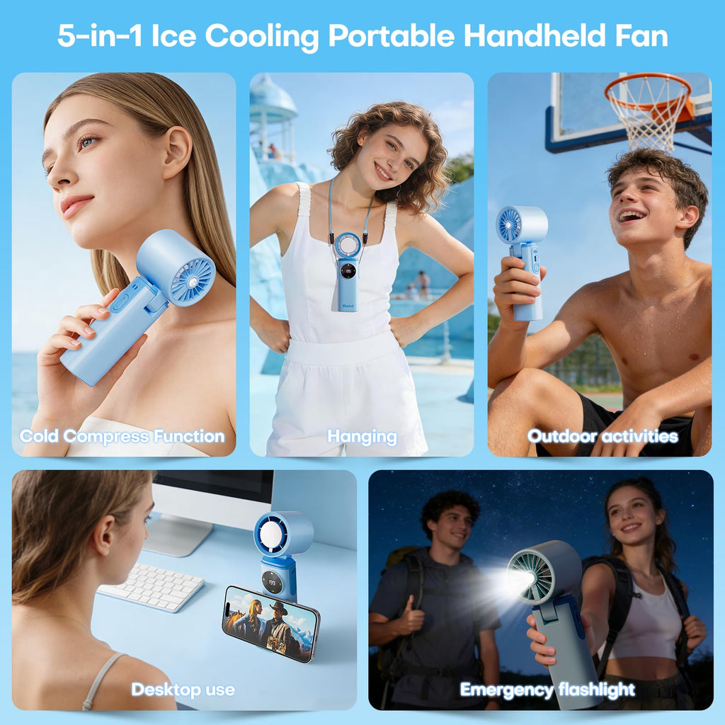 6000mAh Portable Handheld Fan with Ice Cooling, 199 Levels Stepless Speed, 20H Long Battery Life, 20000RPM Turbo Fan Rechargeable Personal Mini Fan for Travel, Outdoor, Makeup (White)