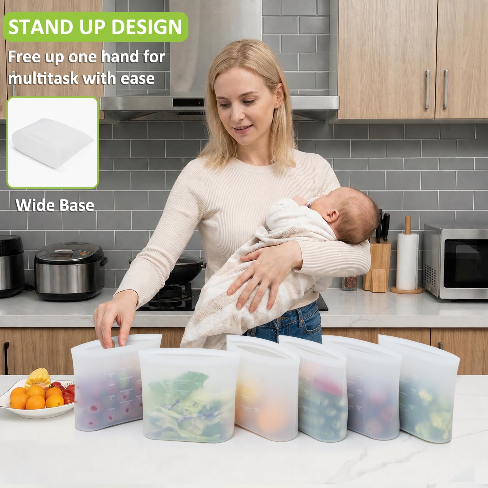 Reusable Food Bags, 12 Pack 100% Silicone Food Storage Bags Stand Up Zip Lock Container, Freezer Microwave Oven Dishwasher Safe, 4 Medium 4 Small 4 Extra Small, Aqua