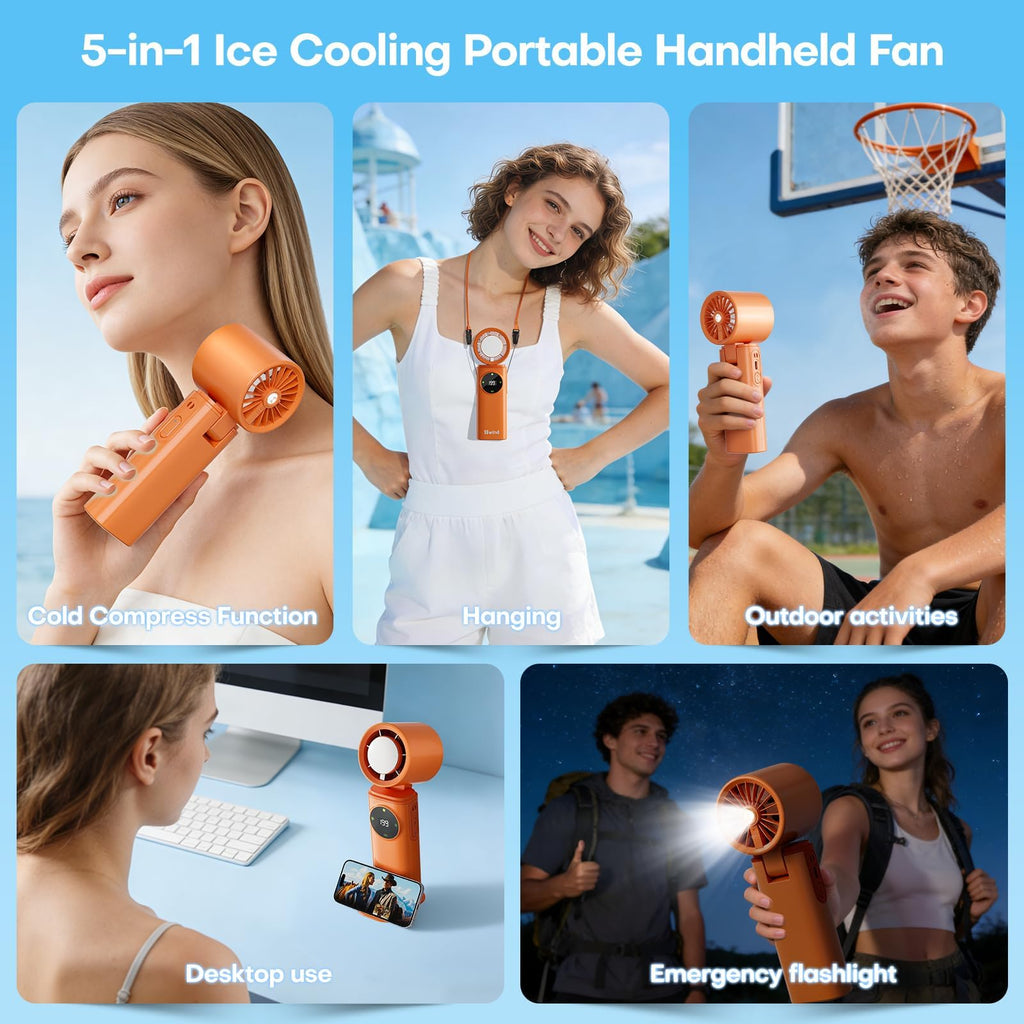 6000mAh Portable Handheld Fan with Ice Cooling, 199 Levels Stepless Speed, 20H Long Battery Life, 20000RPM Turbo Fan Rechargeable Personal Mini Fan for Travel, Outdoor, Makeup (White)