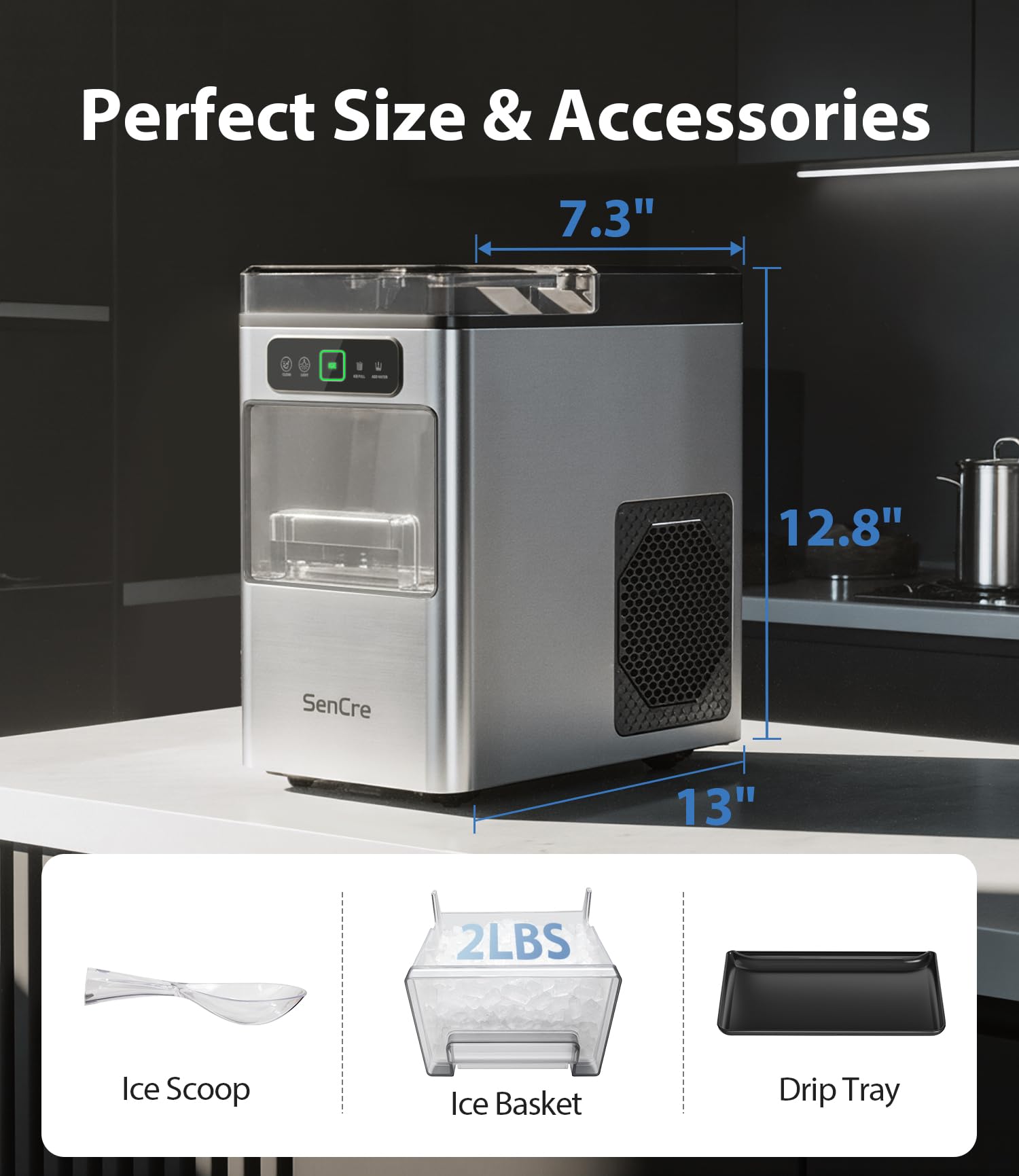 Nugget Ice Maker 40lbs/Day, Countertop Ice Maker Soft Chewable Ice, Ice Makers One-Click & Self-Cleaning, Crushed Pellet Ice Machine with Scoop&Basket for Home/Kitchen/Office, Stainless Silver