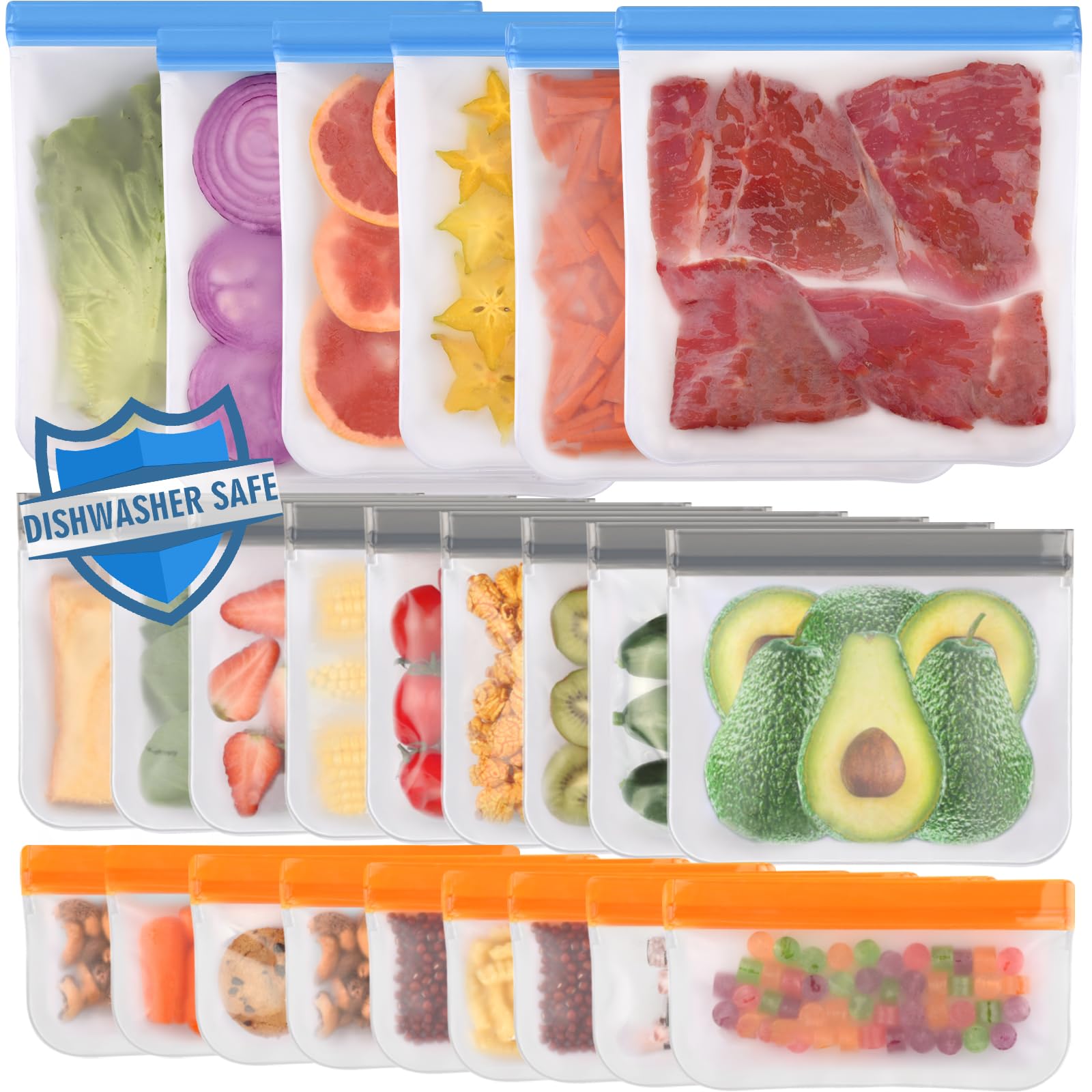 Lerine 10 Pack Dishwasher Safe Reusable Bags, Leakproof Reusable Freezer Bags, BPA Free Food Storage Bags for Marinate Food Travel - 3 Gallon 4 Sandwich 3 Snack