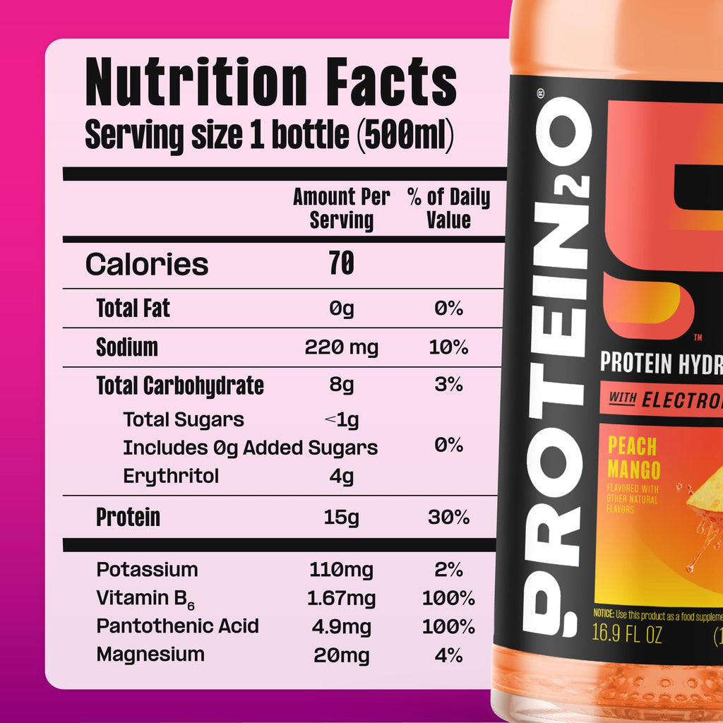 Protein2o 15g Whey Protein Infused Water, Peach Mango, 16.9 Oz Bottle (Pack of 12)