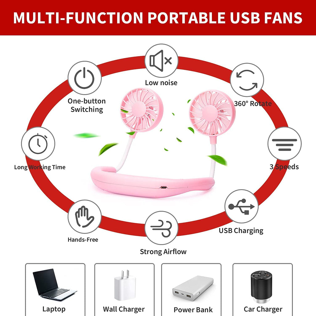 JUANANIUG Portable Neck Fan Rechargeable Personal HandFree Fan Mini USB Wearable Neckband Sport Fan 3 Speed Adjustable 360 Degrees Rotation Perfect for Working Traveling Office Reading (Red Black)