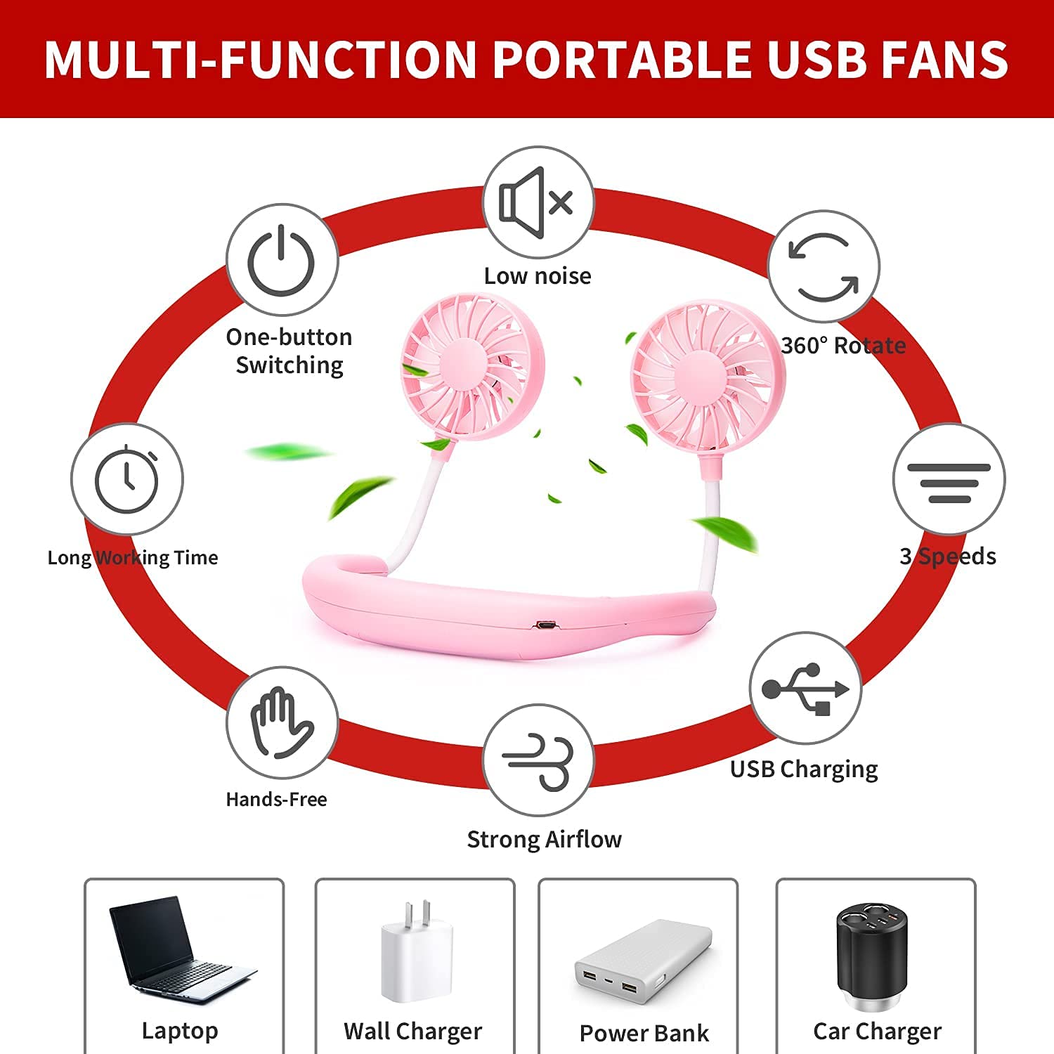 JUANANIUG Portable Neck Fan Rechargeable Personal HandFree Fan Mini USB Wearable Neckband Sport Fan 3 Speed Adjustable 360 Degrees Rotation Perfect for Working Traveling Office Reading (Red Black)