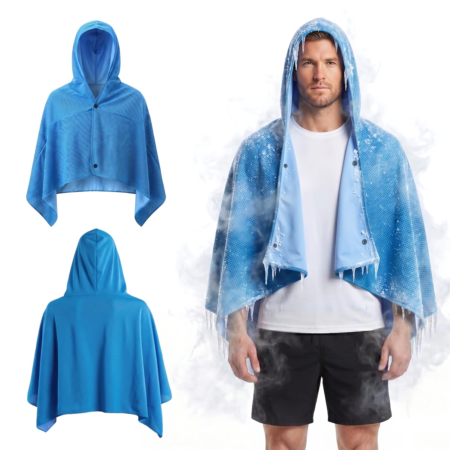 Cooling Hooded Beach Towel Cloak for Men Women -UPF 50+ Sun Proteciton Double Layer PVA Fabric Sweat-Absorbent Cool Towel Cape, Instant Cooling Soft Ice Towelfor Beach Yoga Camping (Blue)