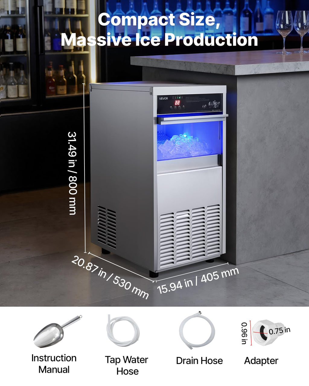 VEVOR Commercial Ice Maker Machine, 80 lbs/24h with 13 lbs Storage Capacity, Countertop/Freestanding/Under Counter, Stainless Steel Ice Maker with LED Display & Self-Cleaning, for Home Bar Restaurant