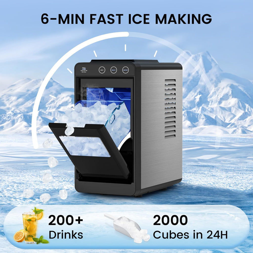 COWSAR Ice Maker Countertop, Portable Ice Machine with Self-Cleaning, 26.5 lbs/24Hrs, 8 Ice Cubes in 6 Mins, Ice Basket and Scoop, Ideal for Home, Kitchen, Bar, Camping