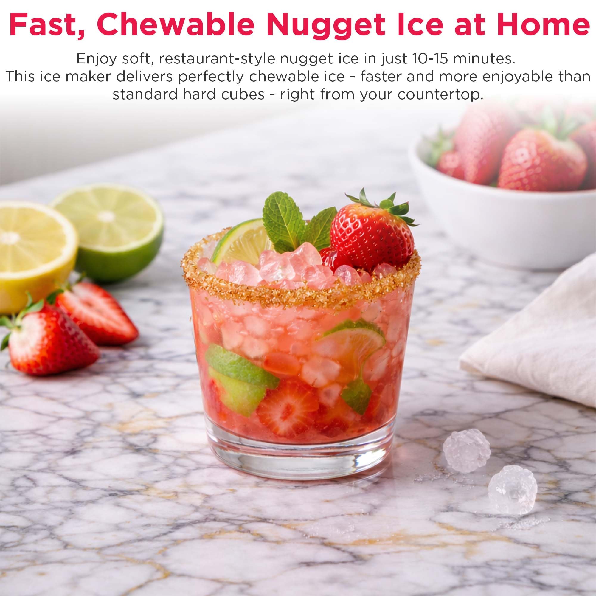 Frigidaire Countertop Crunchy Chewable Nugget Ice Maker, Compact, 33lbs per Day, Metallic Finish