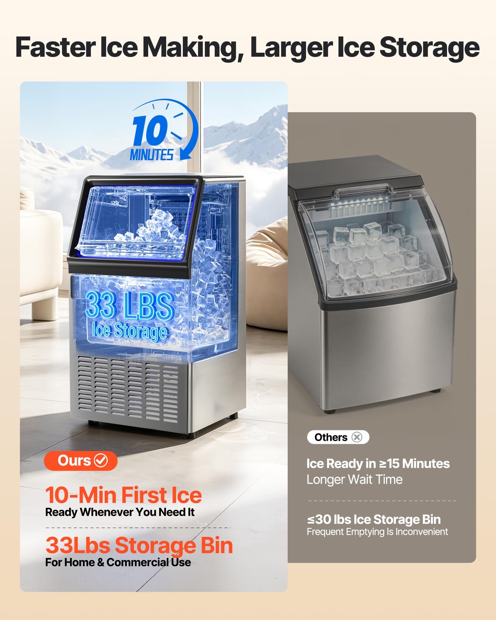 VEVOR Commercial Ice Maker Machine, 80 lbs/24h with 13 lbs Storage Capacity, Countertop/Freestanding/Under Counter, Stainless Steel Ice Maker with LED Display & Self-Cleaning, for Home Bar Restaurant