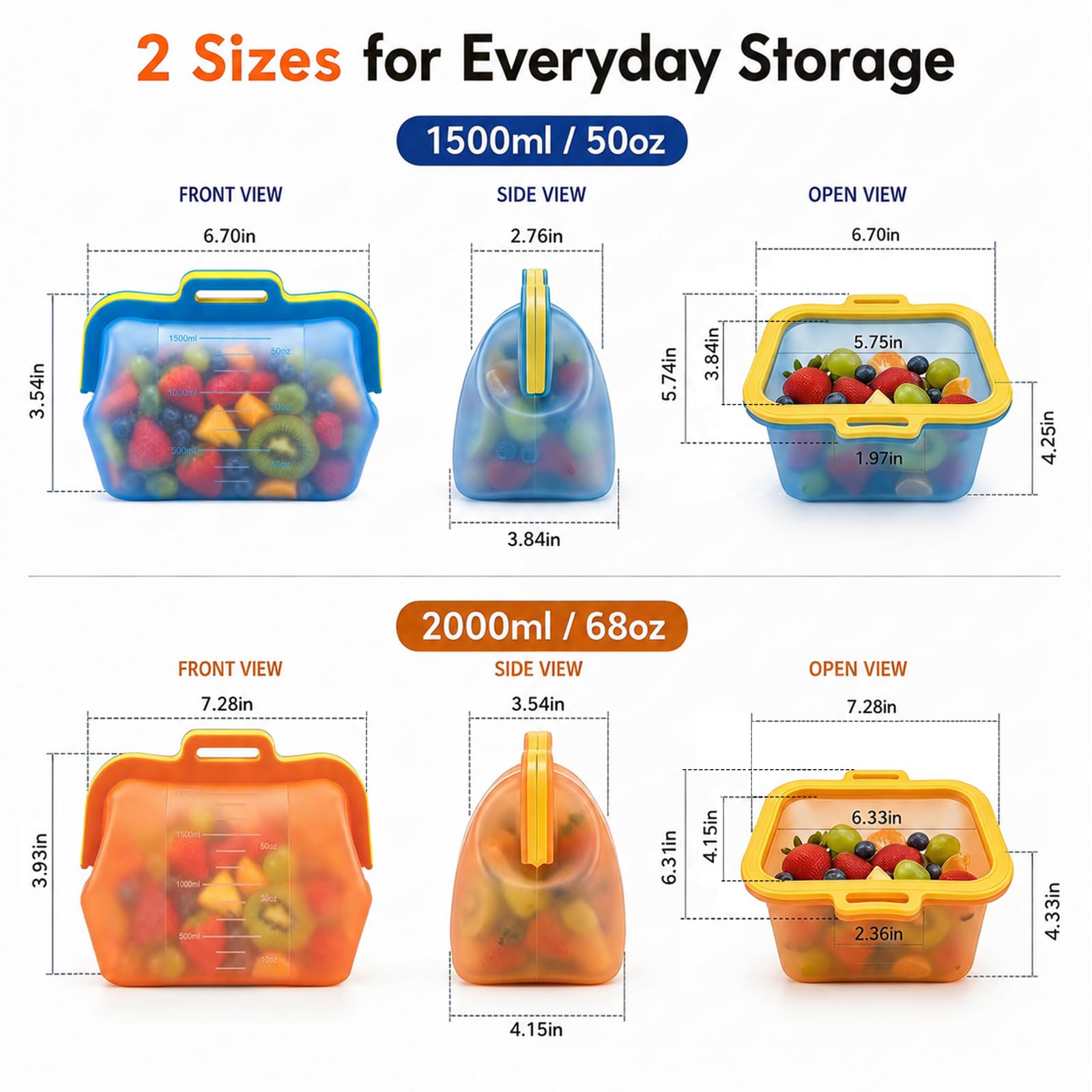 Reusable Silicone Food Storage Bags, NUZEAK Magnetic Seal Reusable Storage Bags, Stand Up Silicone Freezer Bags for Food, Fruit, Snack, Sandwich, Meal Prep, Dishwasher Safe, 50oz, 1 Pack