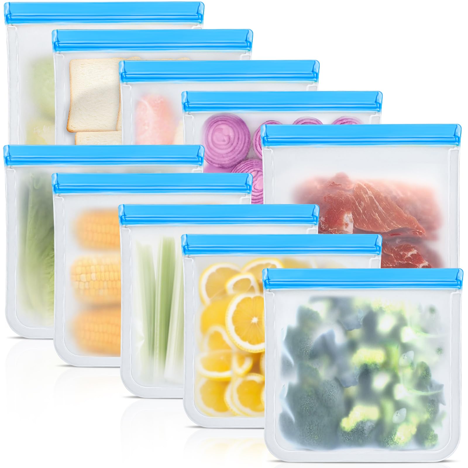Reusable Silicone Food Storage Bags, 10 Pack 4 Size Leak proof Dishwasher Safe Reusable Freezer Bags for Food Storage Containers, Lunch Bag for Sandwich, Marinate Meat, Fruit