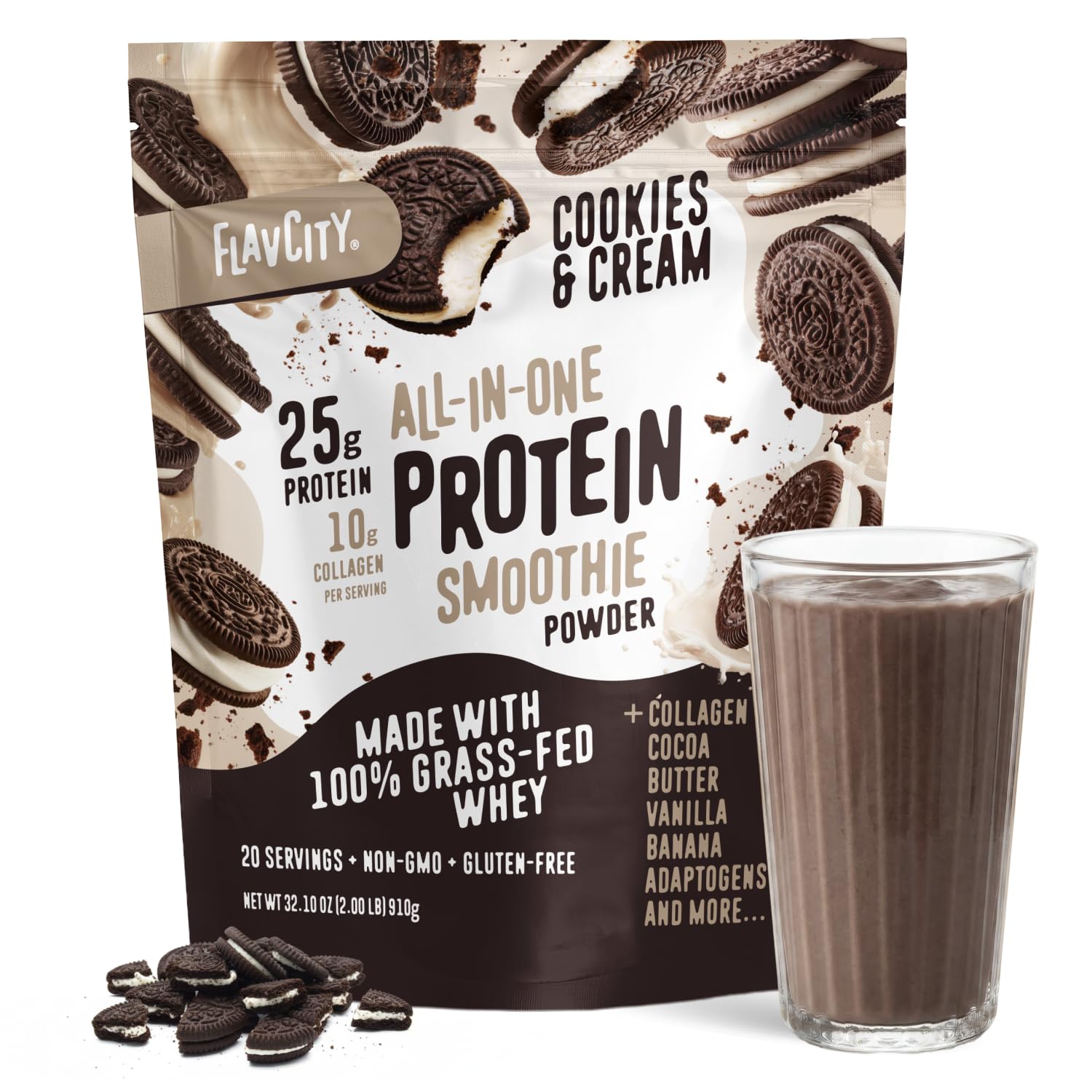 FlavCity All in One Protein Shake Powder, Pineapple Coconut - On the Go Meal Alternative + Collagen Peptides, Reishi & Cordyceps - Focus, Skin, Hair & Joint Support - 100% Grass Fed Whey, 20 Servings