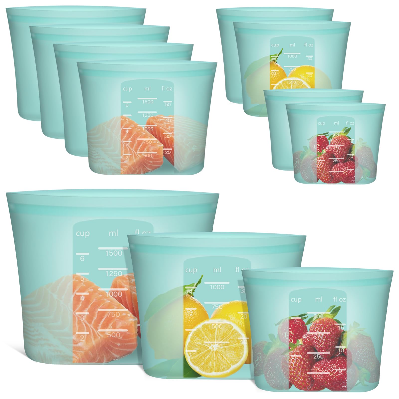 Reusable Food Bags, 12 Pack 100% Silicone Food Storage Bags Stand Up Zip Lock Container, Freezer Microwave Oven Dishwasher Safe, 4 Medium 4 Small 4 Extra Small, Aqua