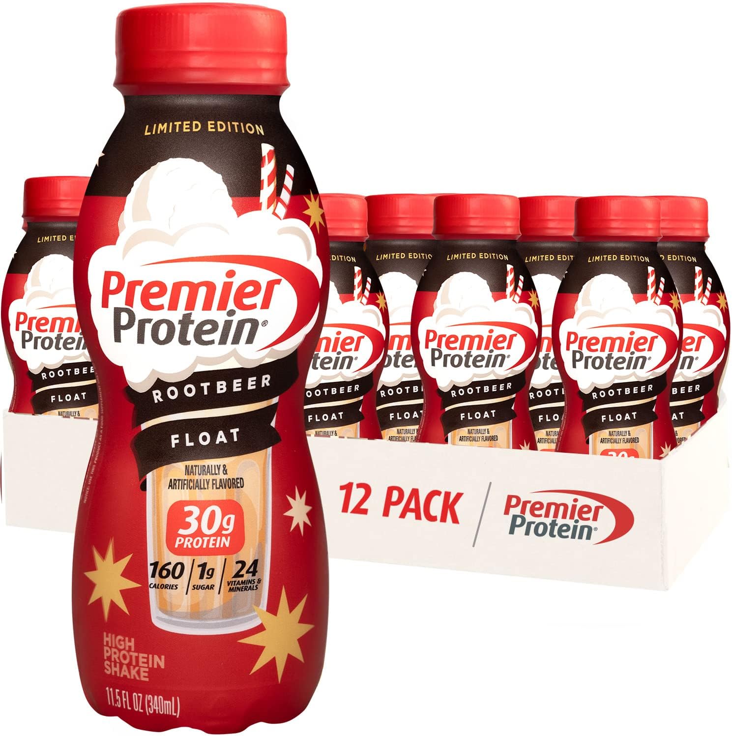 Premier Protein Shake Root Beer Float & Cinnamon Roll Flavors, 30g Protein, 1g Sugar, 24 Vitamins & Minerals, 11.5 oz, 12 Pack